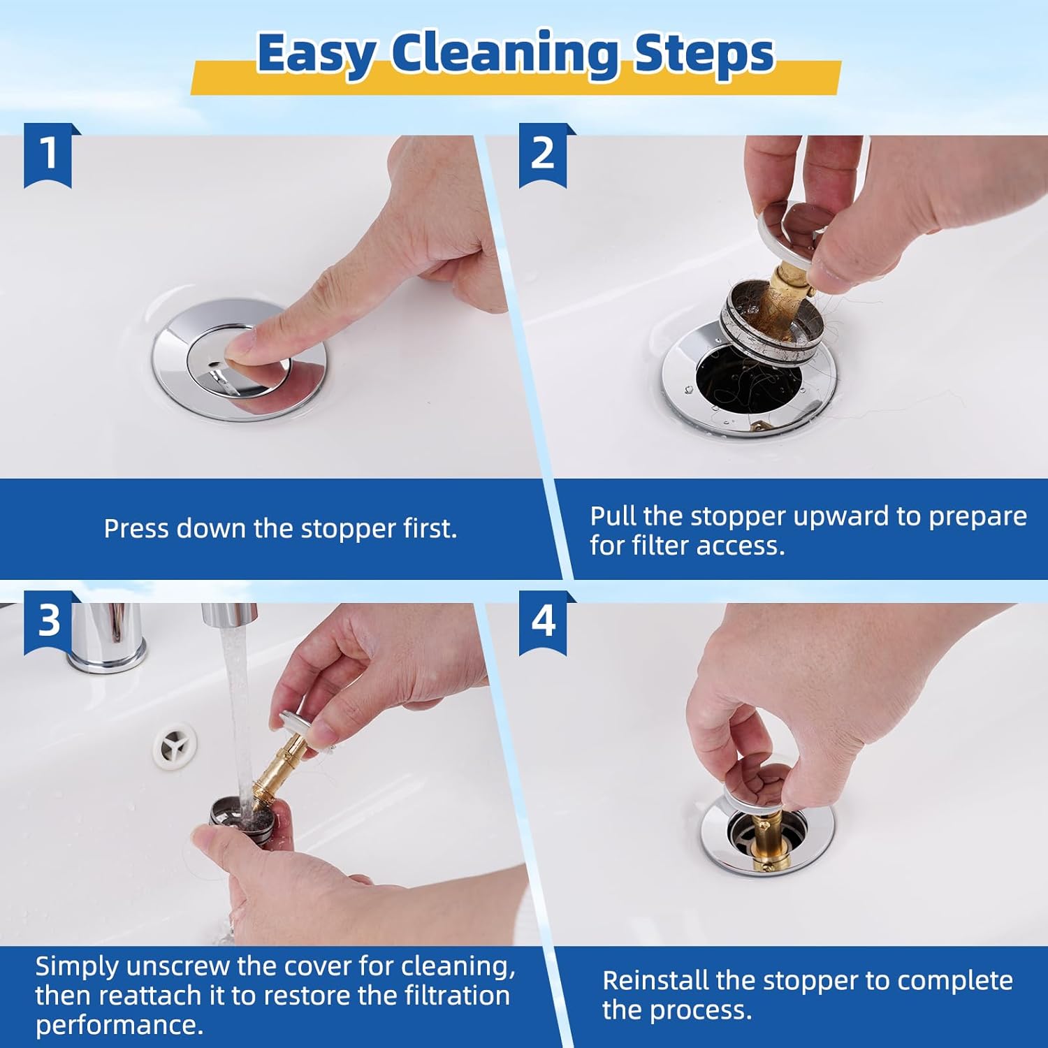 Hibbent 2 Pack Universal Metal Bathroom Sink Drain Stopper, Pop Up Drain Strainer for Lavatory Vanity Vessel Sink & Overflow and Without Overflow, Anti-Clogging Stainless Steel Basket, Chrome
