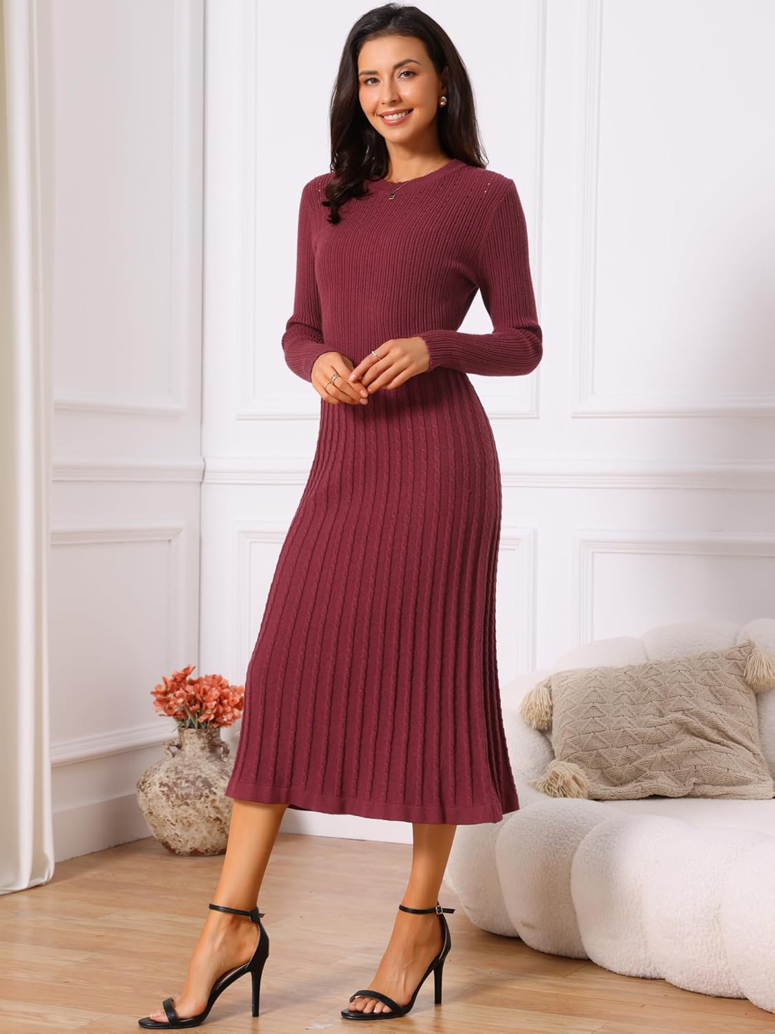 Seta T Women's Crewneck Sweater Dress Knit Long Sleeve Midi Ribbed A-Line Dress - Image 3