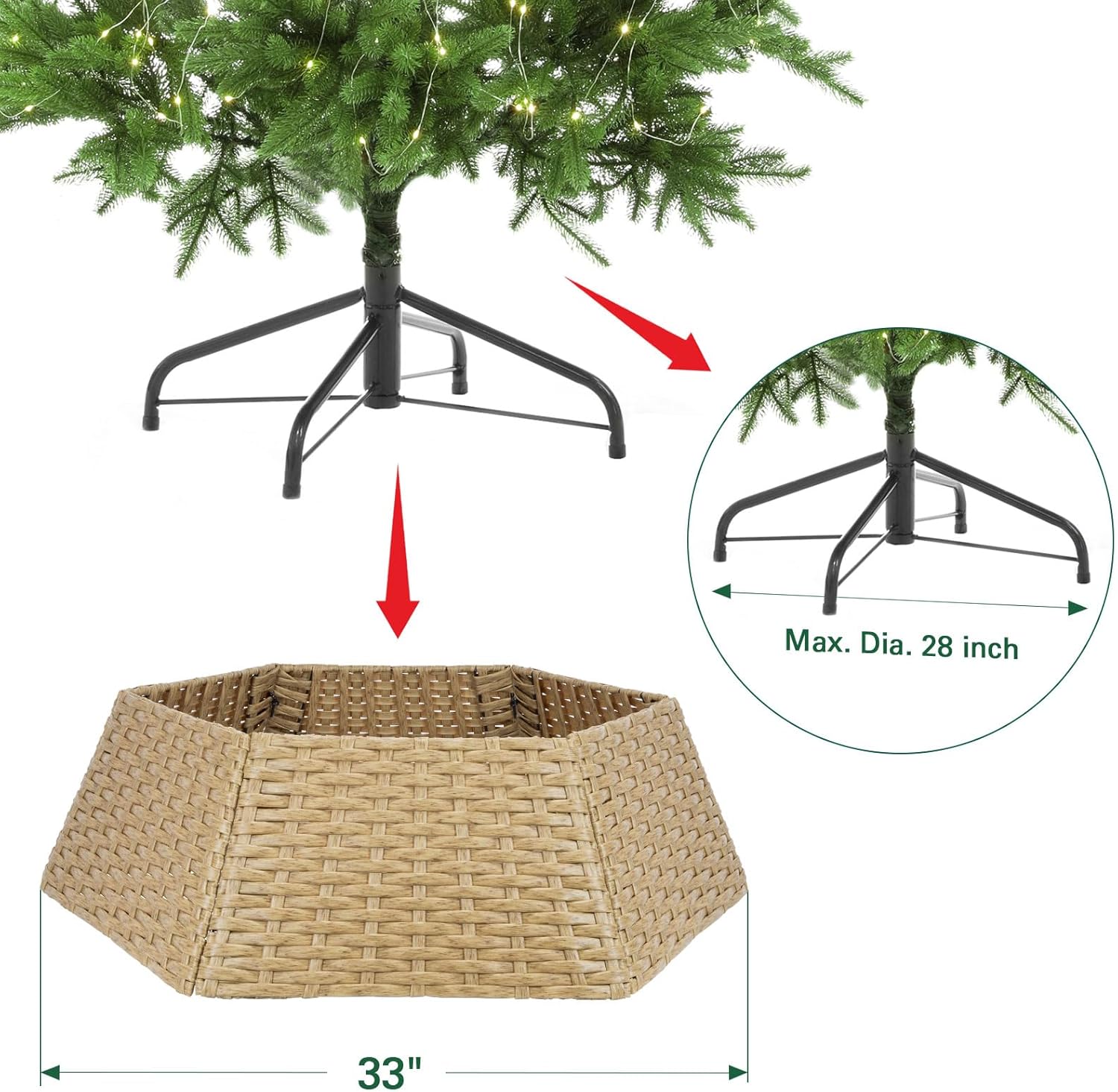 Wicker Christmas Tree Collar, Rattan Hexagon Christmas Tree Base Cover, Handcrafted Christmas Tree Ring, Woven Xmas Tree Skirt for Christmas Tree Decoration (Natural)