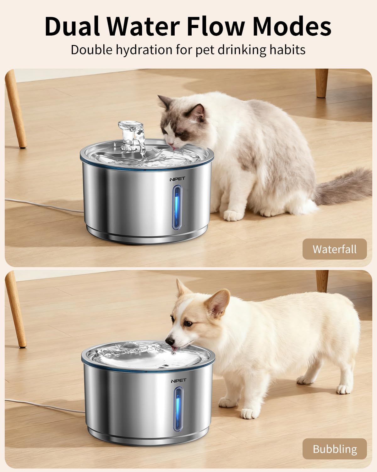 NPET Fuente de agua para gatos, 3,827.2 g/1 galón, acero inoxidable, blanco, con 3 filtros de repuesto, ultra silenciosa, ventana visible, para gatos y perros