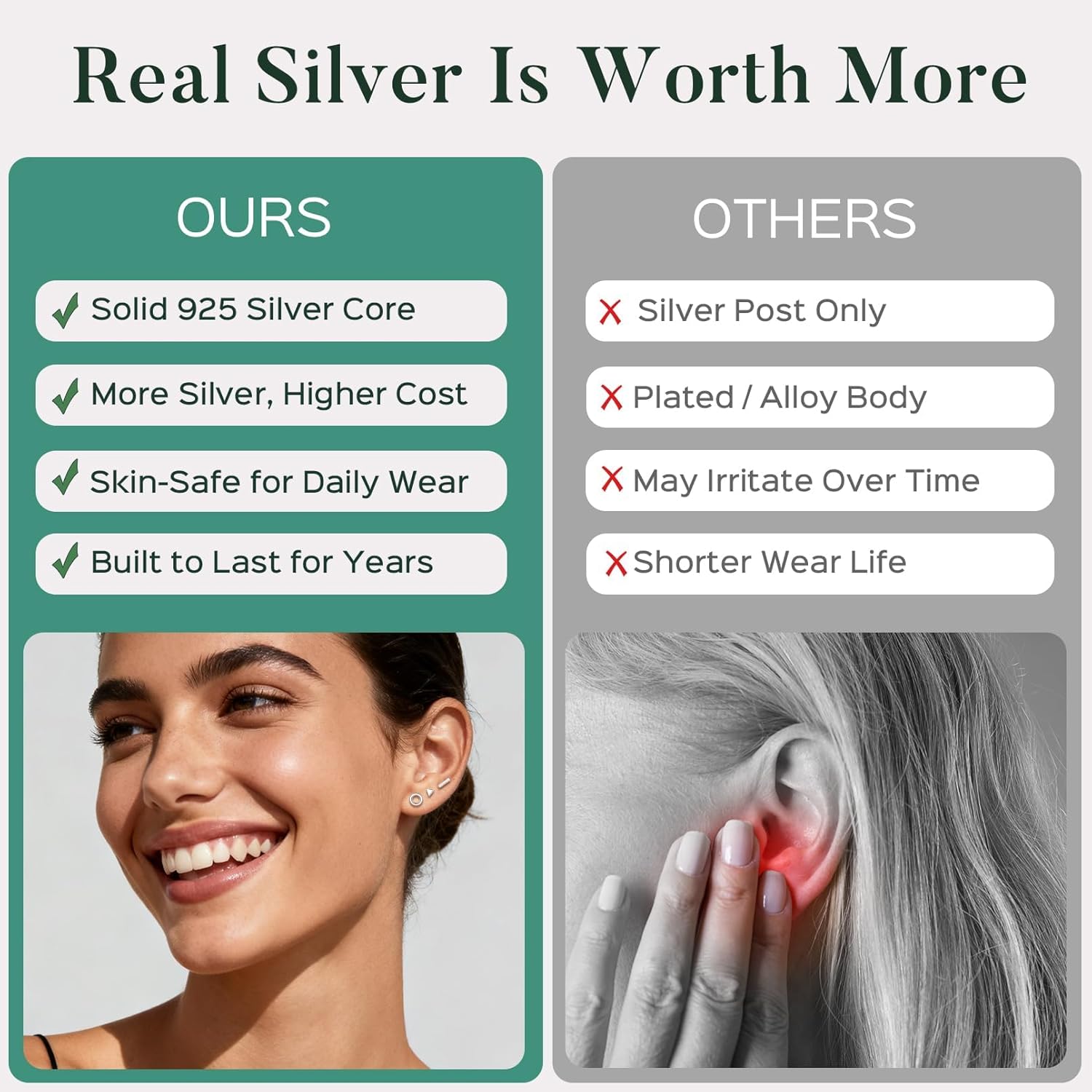 ChicSilver 925 Sterling Silver Earrings Dainty Bar/Circle/Triangle/Star/Ball Stud Earrings for Women with Gift Box, Hypoallergenic Earrings for Sensitive Ears - Image 5