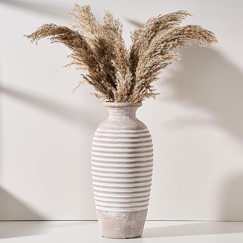 Ceramic Rustic Vase, Large Vintage Flower Vase, 14.4 Inch Threaded
