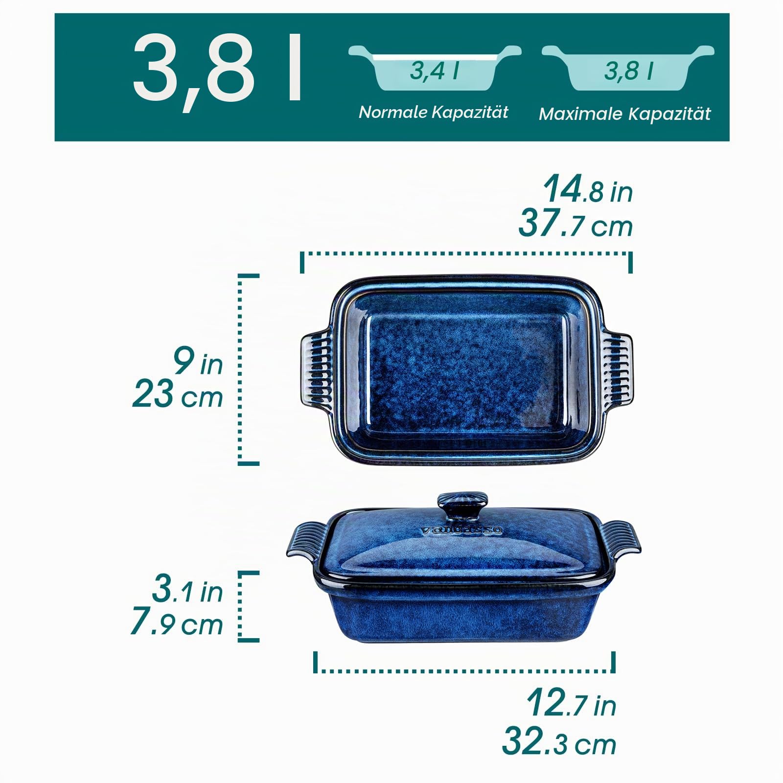 Auflaufform mit Deckel, vancasso STARRY Brotbackform aus Steingut, eckige Lasagneform Ofenform für Brot, Lasagne, Pizza Kuchen, Mikrowelle, Backofen, spülmaschinenfest