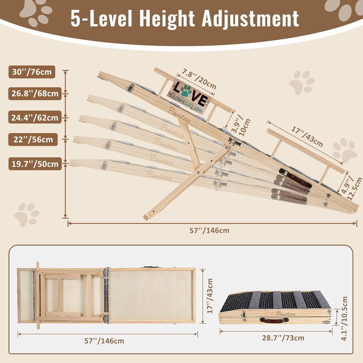 Pawaboo Dog Ramp for Small Dog, 57'' Foldable Dog Ramp for Bed, 5 Adjustable Height from 19.7'' to 30'', Portable Stable Pet Steps with Dogs Tag & Safety Side Rails, Pet Ramps for Bed Couch