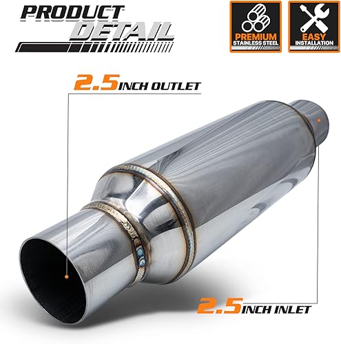 Miniatura 2 de M-AUTO Silenciador de una sola cámara, entrada y salida interior de 2.5 pulgadas, conjunto de silenciador universal de acero inoxidable, longitud