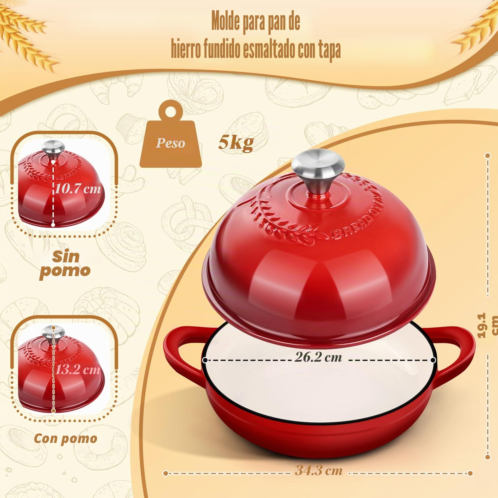 NZQXJXZ Olla de Hierro Fundido, 26cm Cacerola Holandesa de Esmaltado con Tapa, Olla Holandesa para Cocina Casera Hornear con Banetones para Pan