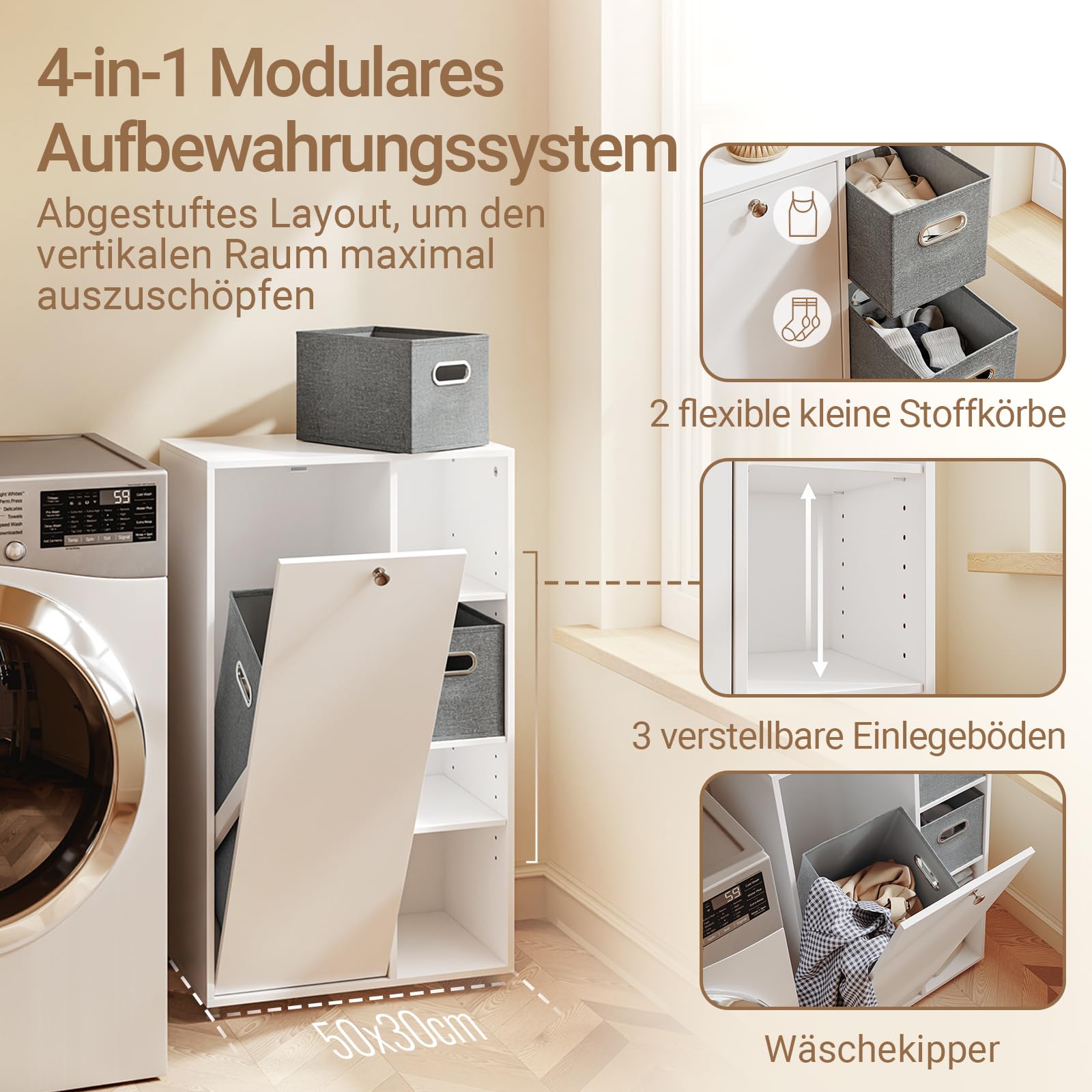 SoBuy Badezimmerschrank mit Wäschekorb 2 Stoffschubladen 50 cm | Schmaler Wäscheschrank Weiß Badschrank Nischenschrank breit Wäschesammler Schrank Badregal Stehend BZR218-W