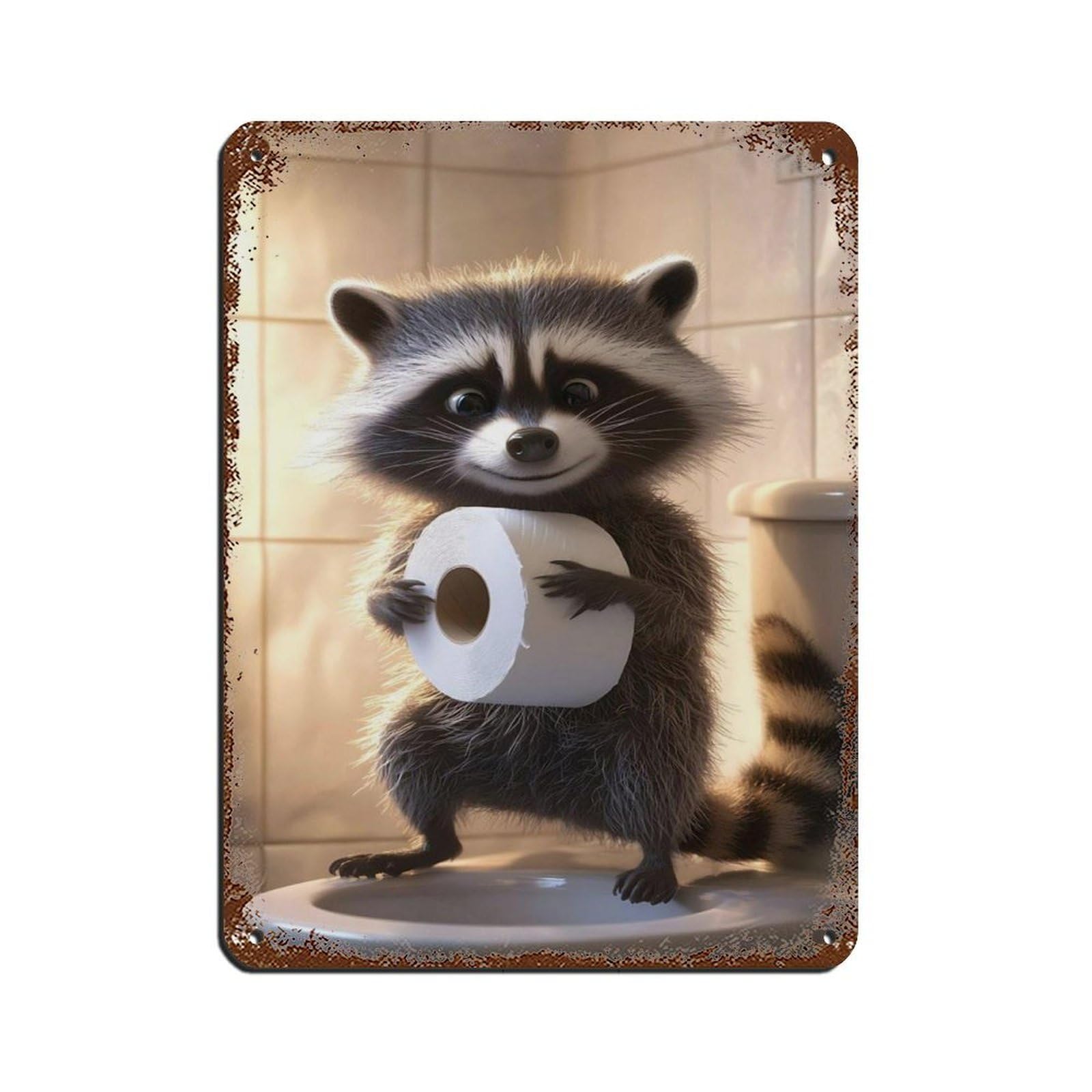 Cute Raccoon with Toilet Paper Retro Poster Metal Tin Sign Chic Art Retro Iron Painting Bar People Cave Cafe Family Garage Poster Wall Decoration 12x16inch(30x40cm)