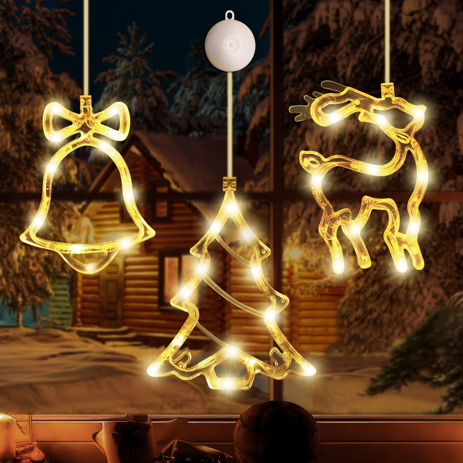 Bigqin 3PCS Christmas Lights, LED Window Lights with Suction Cups, Battery Type Christmas Decoration Curtain Lights, Elk Bell Christmas Tree Lights for Bedroom Room Outdoor Decoration (Warm Light)