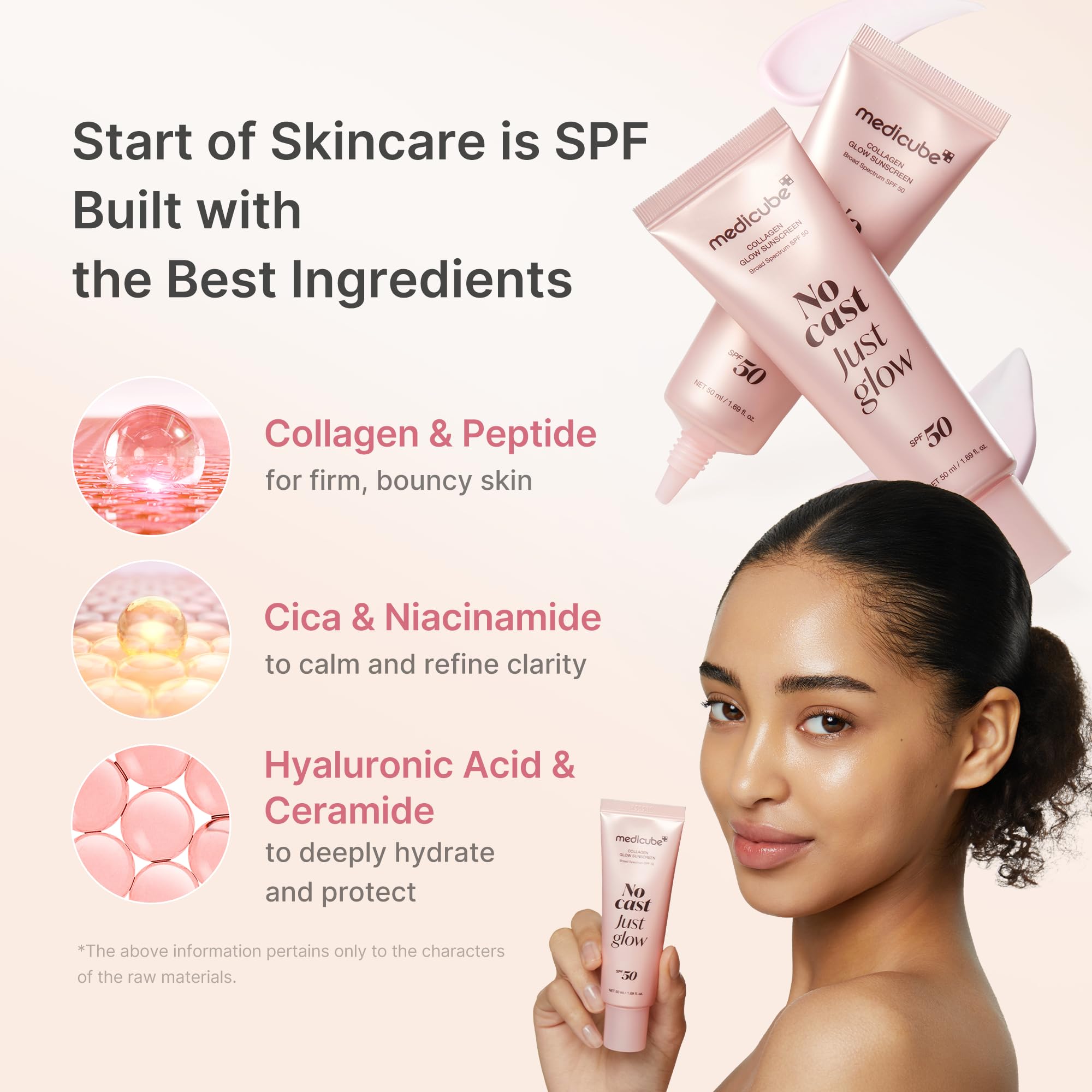 medicube No Cast Just Glow Collagen Sunscreen | SPF 50 Broad Spectrum Face Sunscreen | Lightweight, Non-Sticky, Hydrating Formula | Peptide, Cica for Soothing & Glow | Korean Skincare