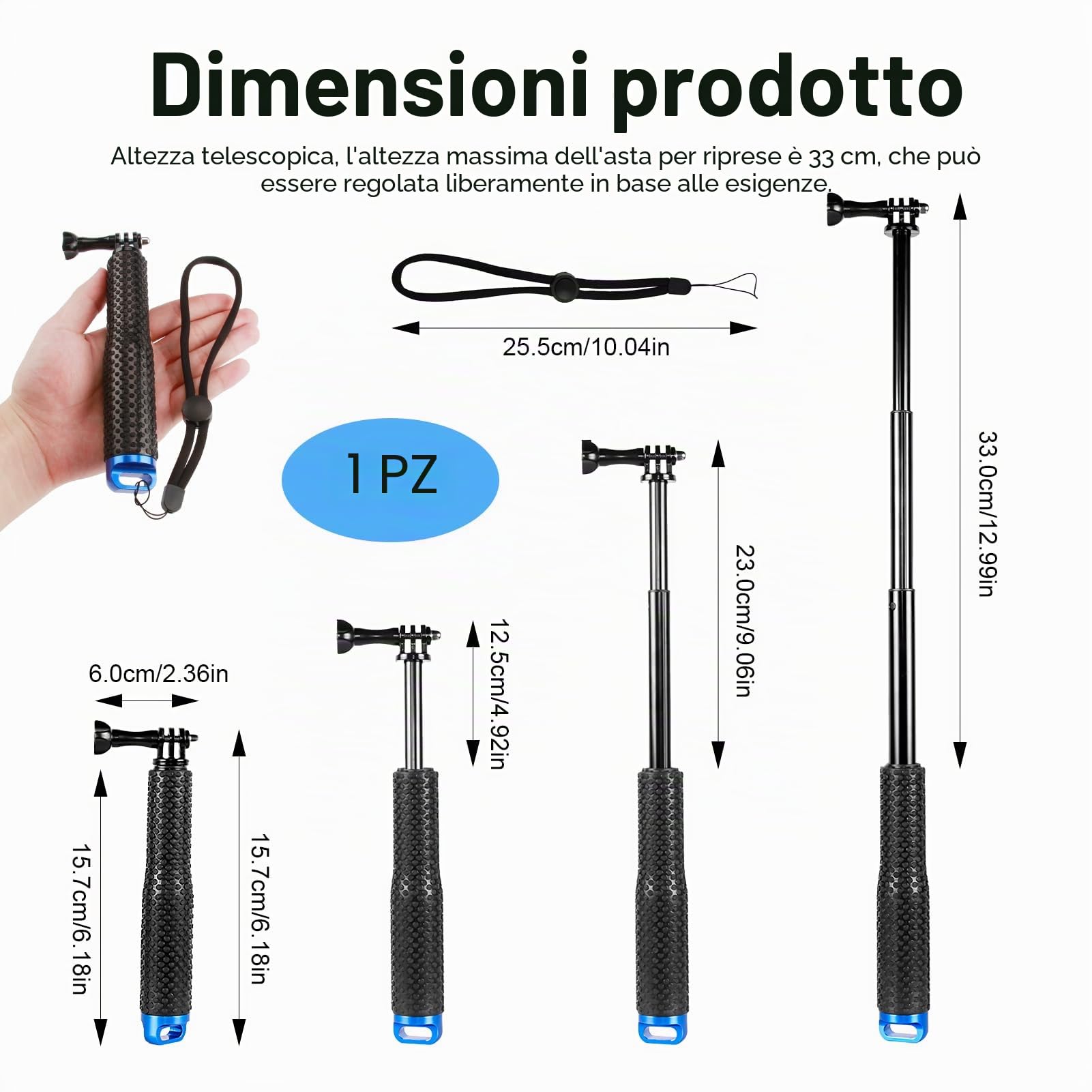 49CM Bastone Subacquea per GoPro, Bastone Selfie Telescopico Monopiede Allungabile Asta Impugnatura Selfie Stick per GoPro Hero 13/12/11/10/9/, per DJI, per Insta360 Ace Pro e altre Action Camera