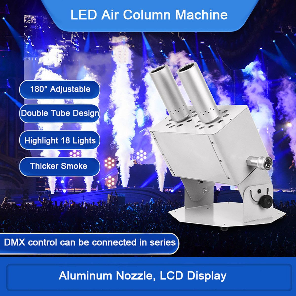 Machine à Jet CO2, Machine à Fumée Colonne d'air LED 18 x 3W, Canon CO2 Double Tuyau, Hauteur Jet 8-10 M, Équipement Scène DMX512 DJ Club Mariage Fête Black
