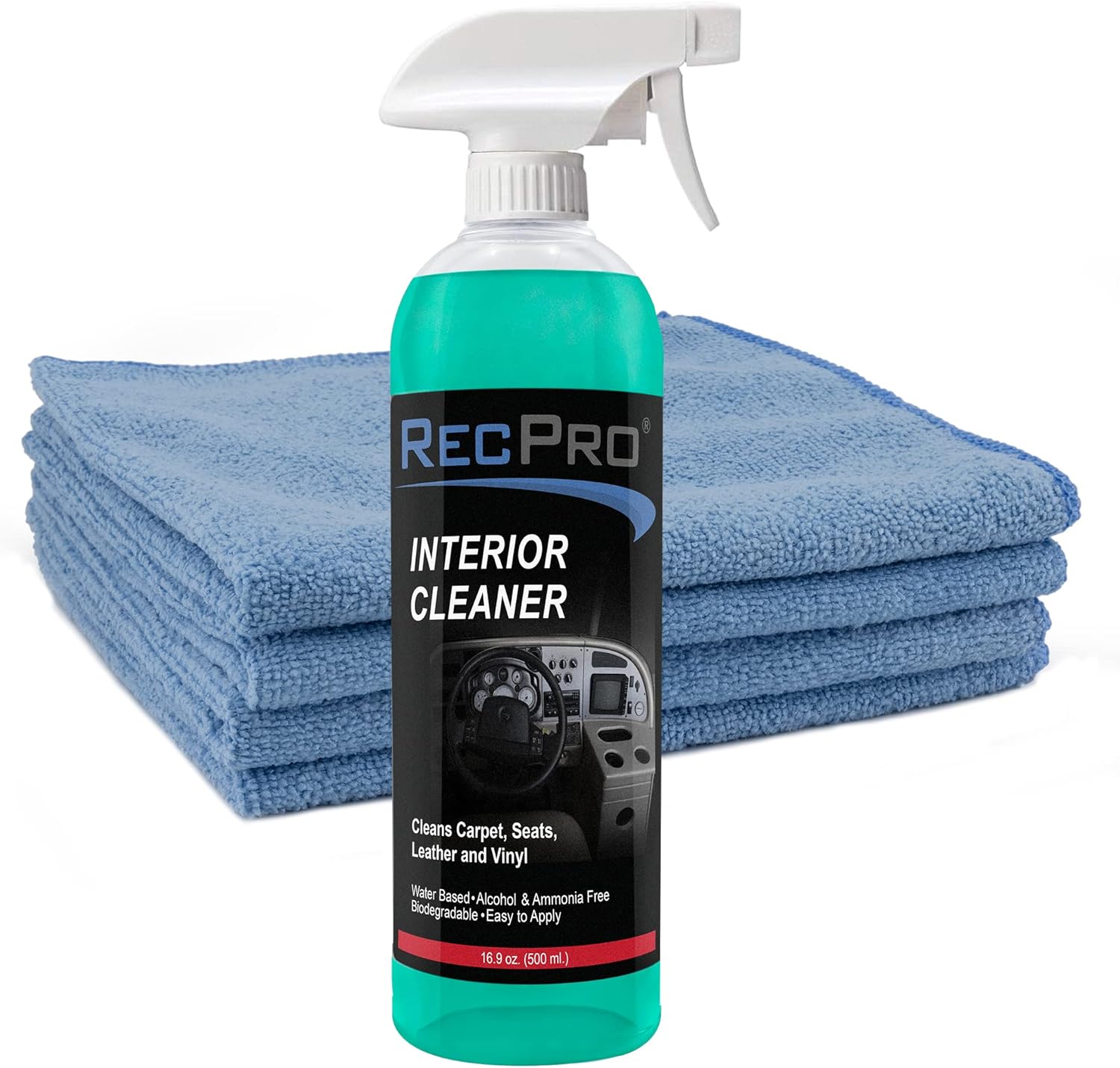 RecPro RV Interior Cleaner | RV Furniture, Carpet Cleaner, Seat Cleaner, Fabric Cleaner | Cleans Carpets, Seats, Leather, Upholstery and Vinyl (Interior Cleaner w/ 4pk Microfiber Towels)