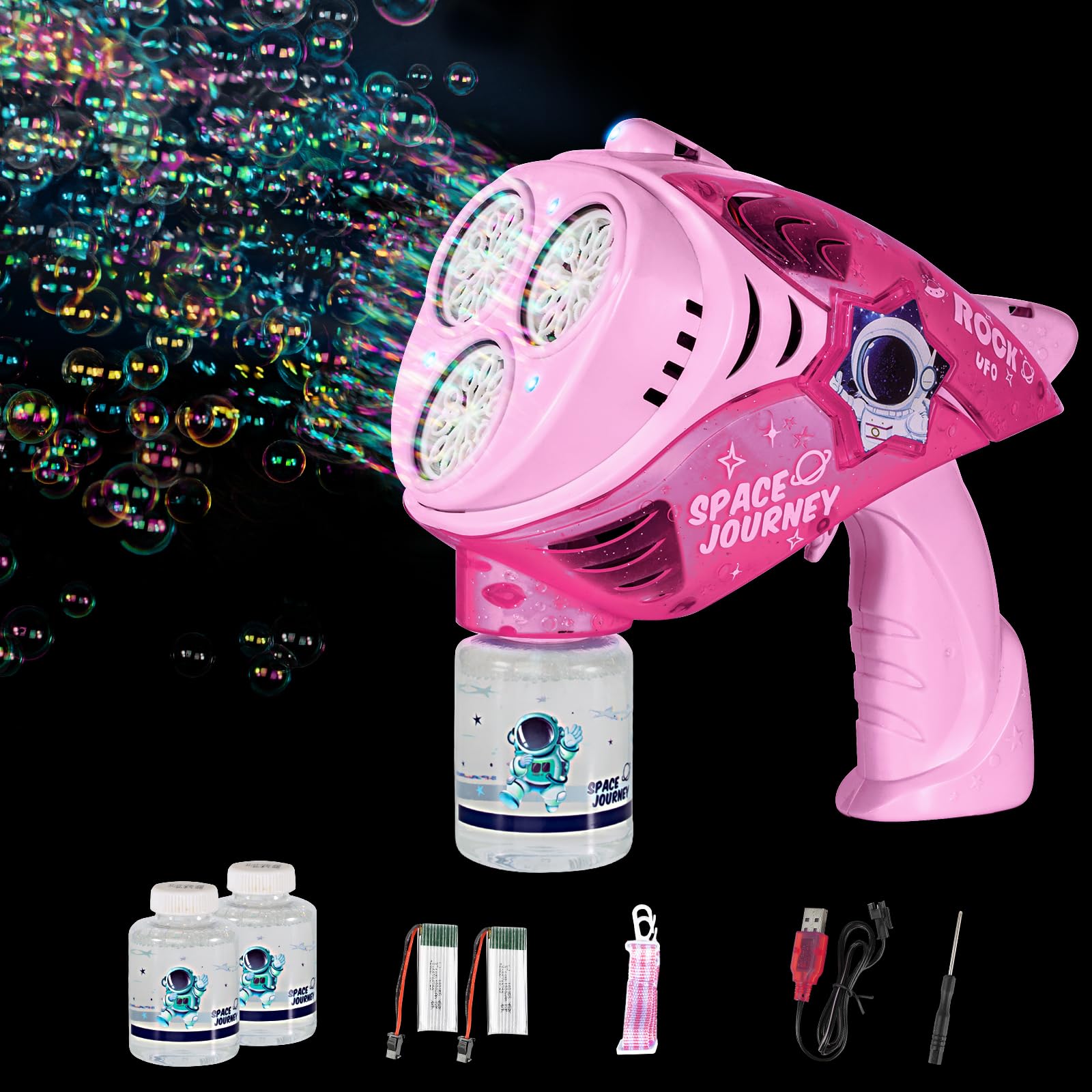 Bubble Gun - 30 Holes Automatic Bubble Guns Machine Gun with Lights and Two Replaceable Rechargeable Battery - Two Bubble Water for Kids Adults - Pink