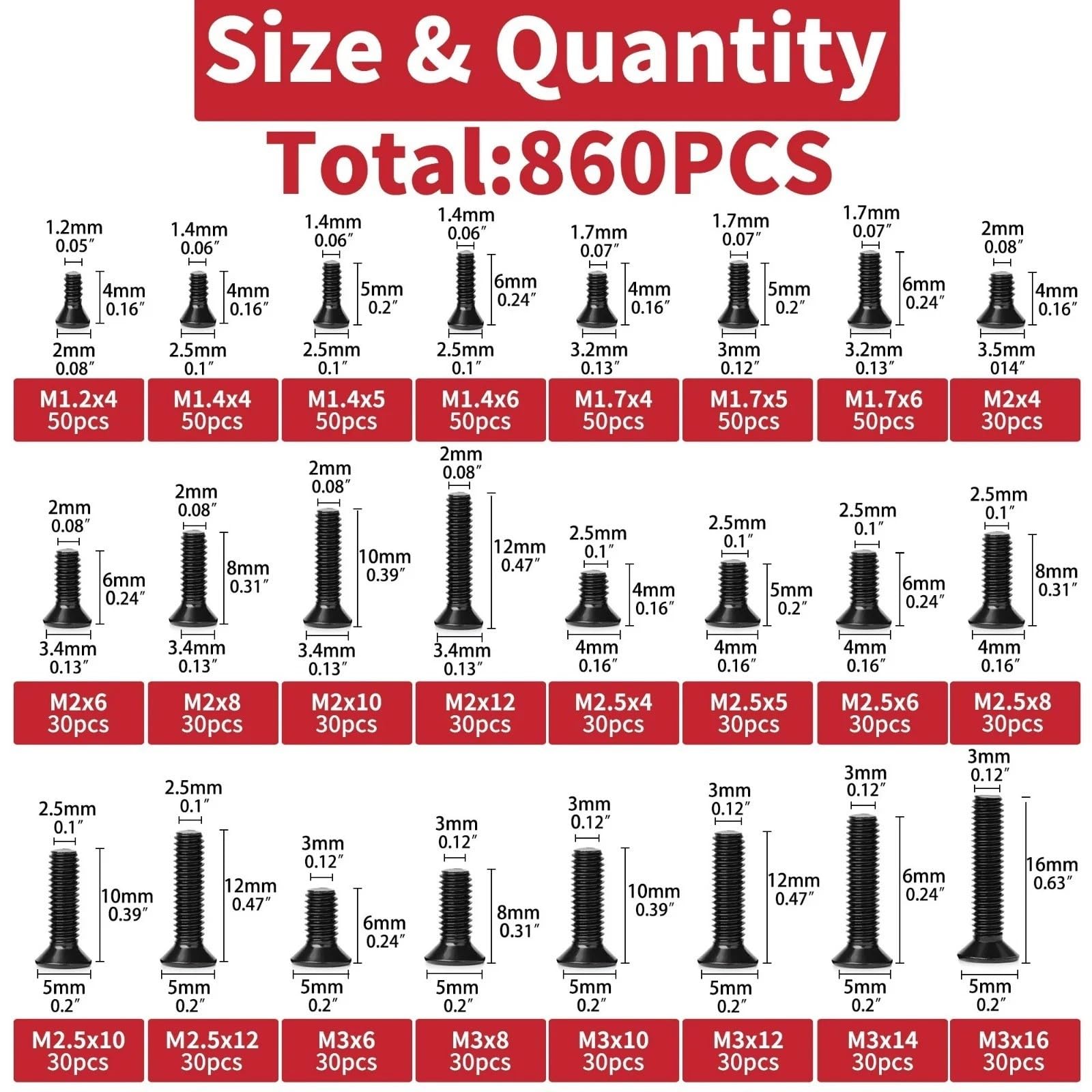 LeHang Kit di assortimento di Viti per Computer Piccole 860 PCS, Viti per Occhiali minuscole Nere M1.2 M1.4 M2 M3