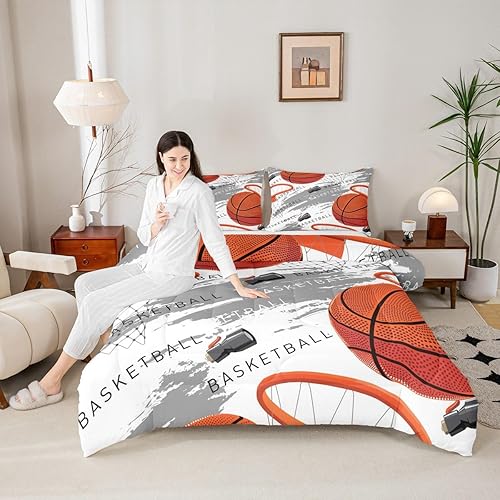 Juego de edredón de baloncesto, tamaño matrimonial, juego de ropa de cama con estampado de baloncesto naranja, 3 piezas para niños, adolescentes,