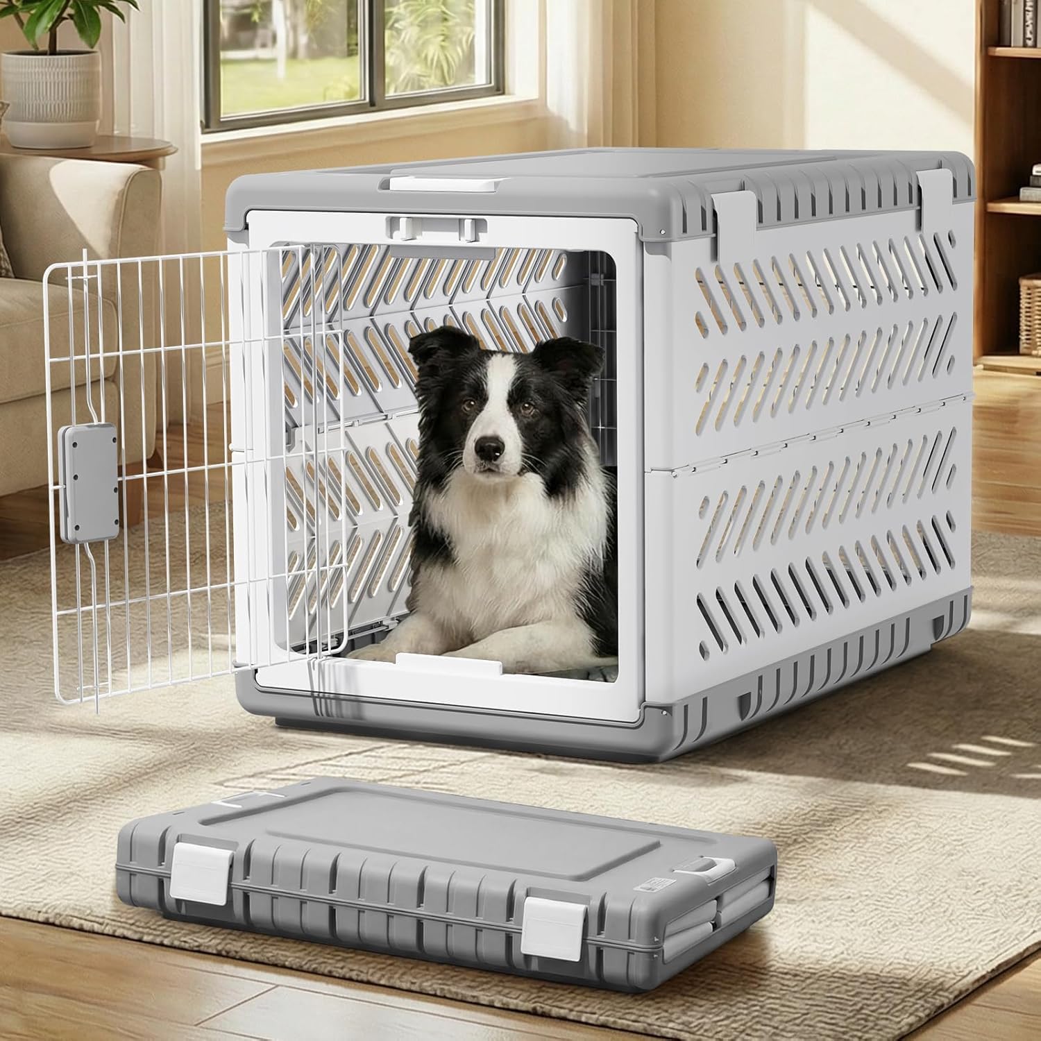 Gardner Pet Jaula para Perros Plegable,Transportin Perro Grande, Adecuado para Perros Grandes Y Gatos De 92.5x58x65.5cm, Se Pliega Sin Herramientas, Equipado con 2 Ruedas, para Interior Exterior,Gris