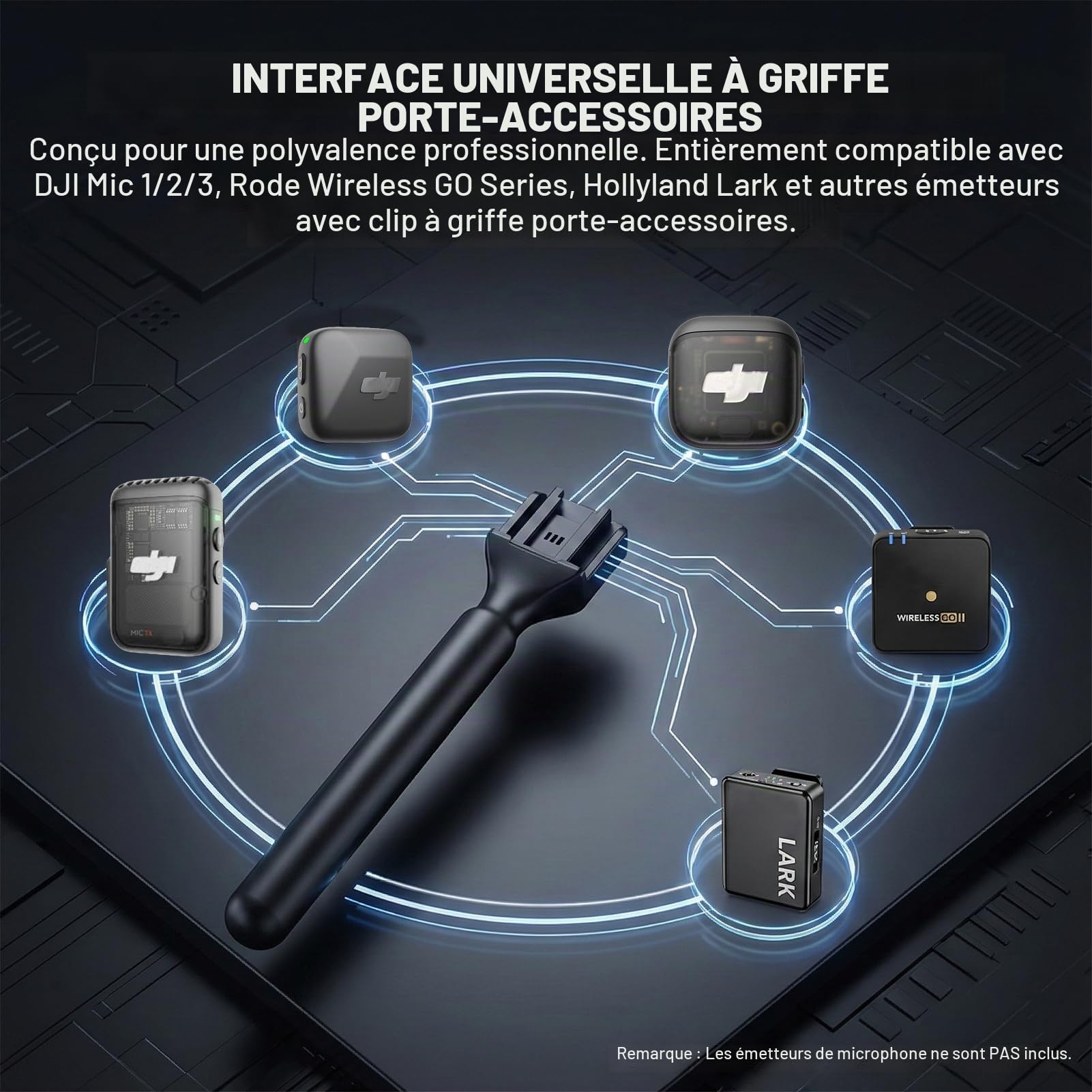 Support pour DJI Mic 3/2/Mini 2/Mini/Rode Wireless GO II/Osmo Pocket 3/4 Handle Rig Poignée Wireless Interview Lavalier Microphone sans Fil Adaptateur Handheld Griffe pour Hollyland Lark M1/Synco G1