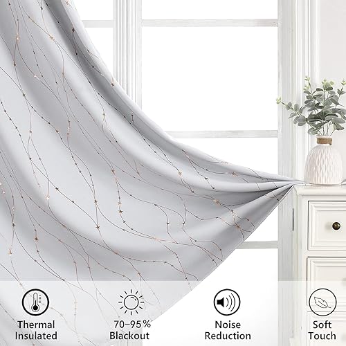 Miniatura 5 de SMILE WEAVER Cortinas blancas grisáceas para dormitorio de 63 pulgadas de largo, 2 paneles, diseño estampado dorado, suaves, gruesas, con