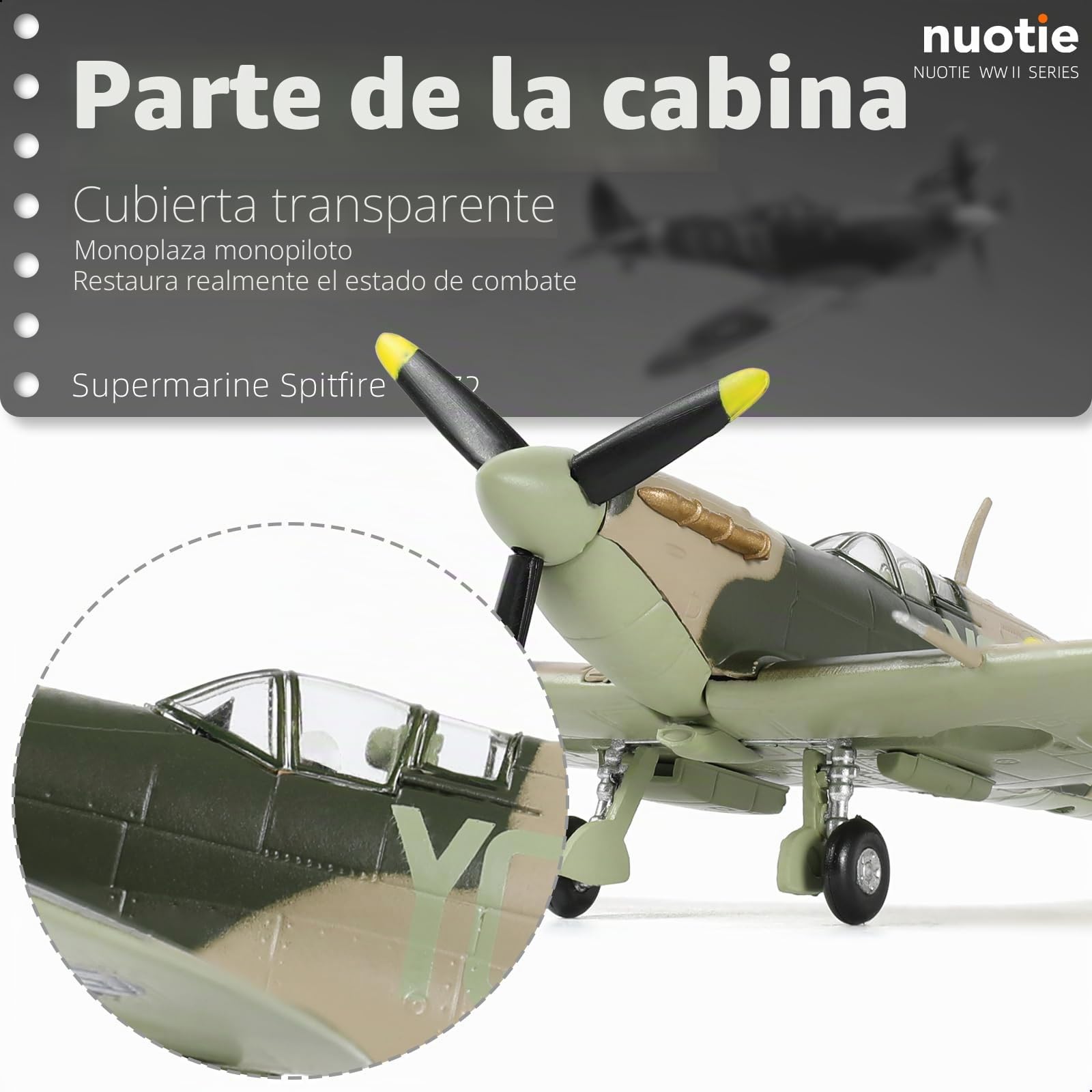 NUOTIE Supermarine Spitfire Británico a Escala 1/72 Modelo de Caza en Metal Fundido a Presión Simulación de la Segunda Guerra Mundial Avión Antiguo Preconstruido para Coleccion o como Regalo