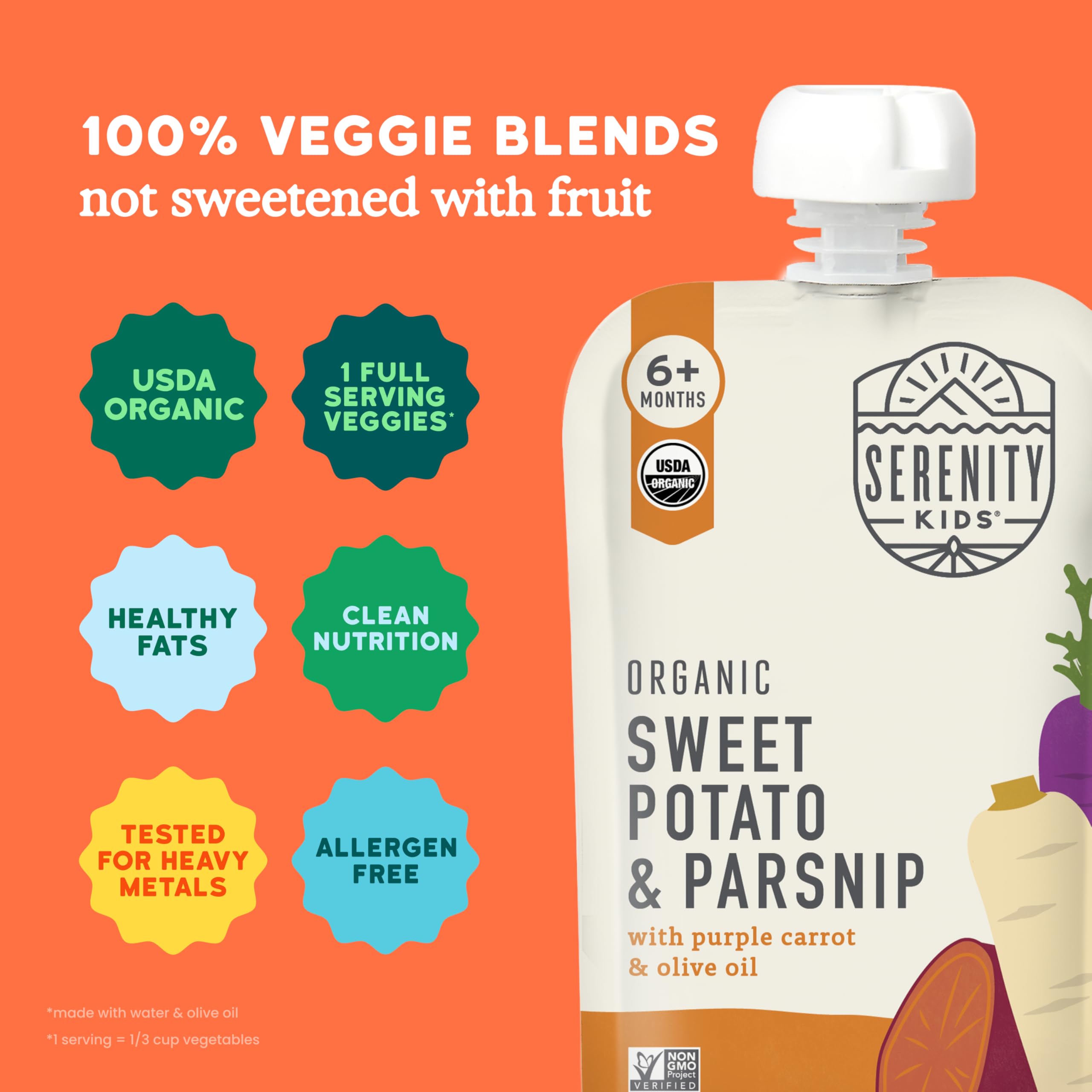 Serenity Kids 6+ Months USDA Organic Veggie Puree Baby Food Pouches | No Sugary Fruits or Added Sugar | Allergen Free | 3.5 Ounce BPA-Free Pouch | Sweet Potato & Parsnip | 1 Count thumbnail 4