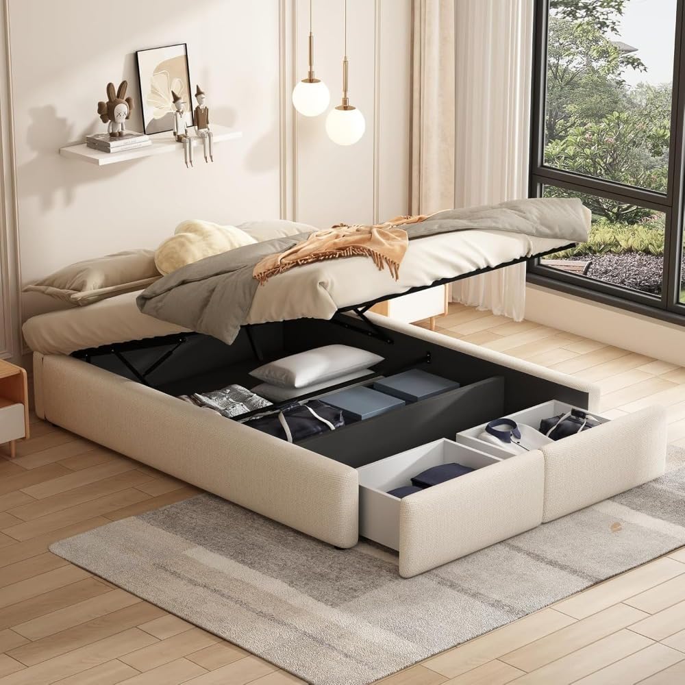 Ycz Polsterbett Doppelbett Jugendbett Gepolstertes Bett Stoffbett Stauraumbett mit Hydraulisch Boxspringbett mit LED Beleuchtun, Lattenrost 140 x 200 cm weib
