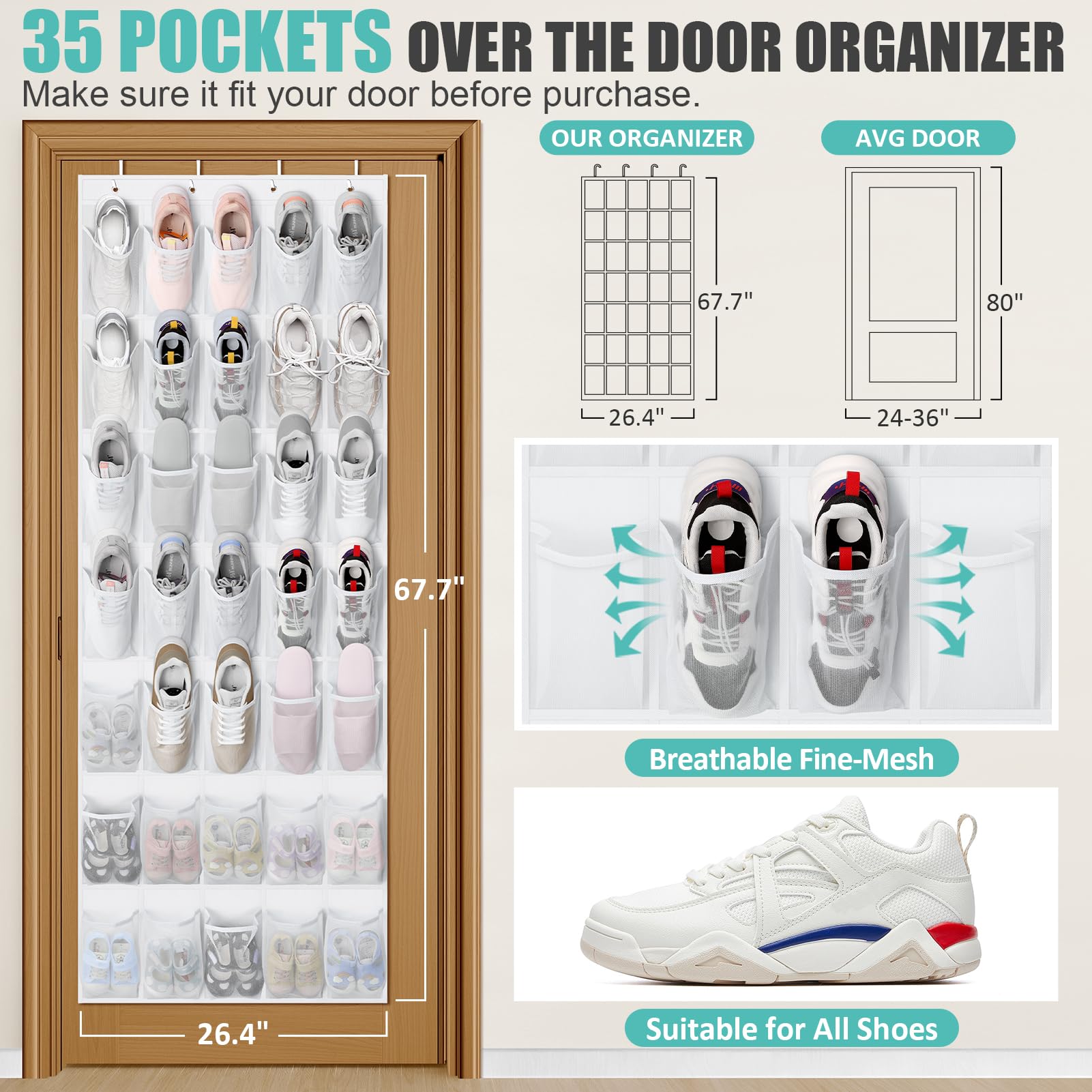 Tiblue Organizador de zapatos para colgar sobre la puerta, 35 bolsillos de malla, organizador de zapatos para puerta, armario, entrada, dormitorio, despensa, organizador de zapatos para tenis, zapatos