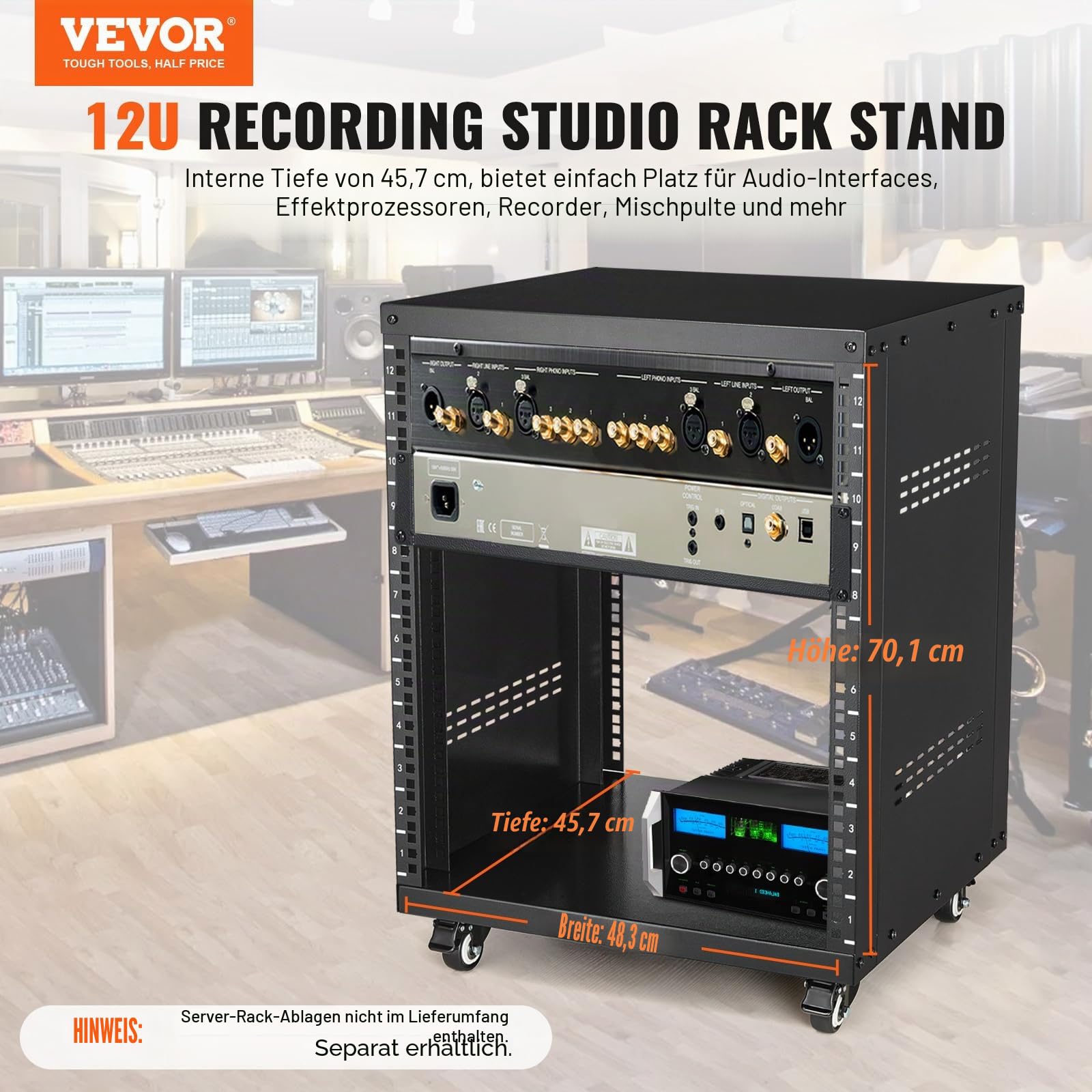 VEVOR 12U Server-Rack, 226,8 kg Kapazität, Netzwerk-Stereo-Aufnahmestudio-Rack mit feststellbaren Lenkrollen, Ideal für die Montage von Audio-, Video-, Musik- und IT-Geräten, 510 x 460 x 700 mm