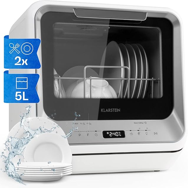 Klarstein Table Top Dishwasher, 2 Place Setting Mini Dishwasher, Quiet Operation Countertop Dishwasher w/ 7 Washing Programs, Small Tabletop Dishwasher, Easy To Install Portable Dishwasher No Plumbing