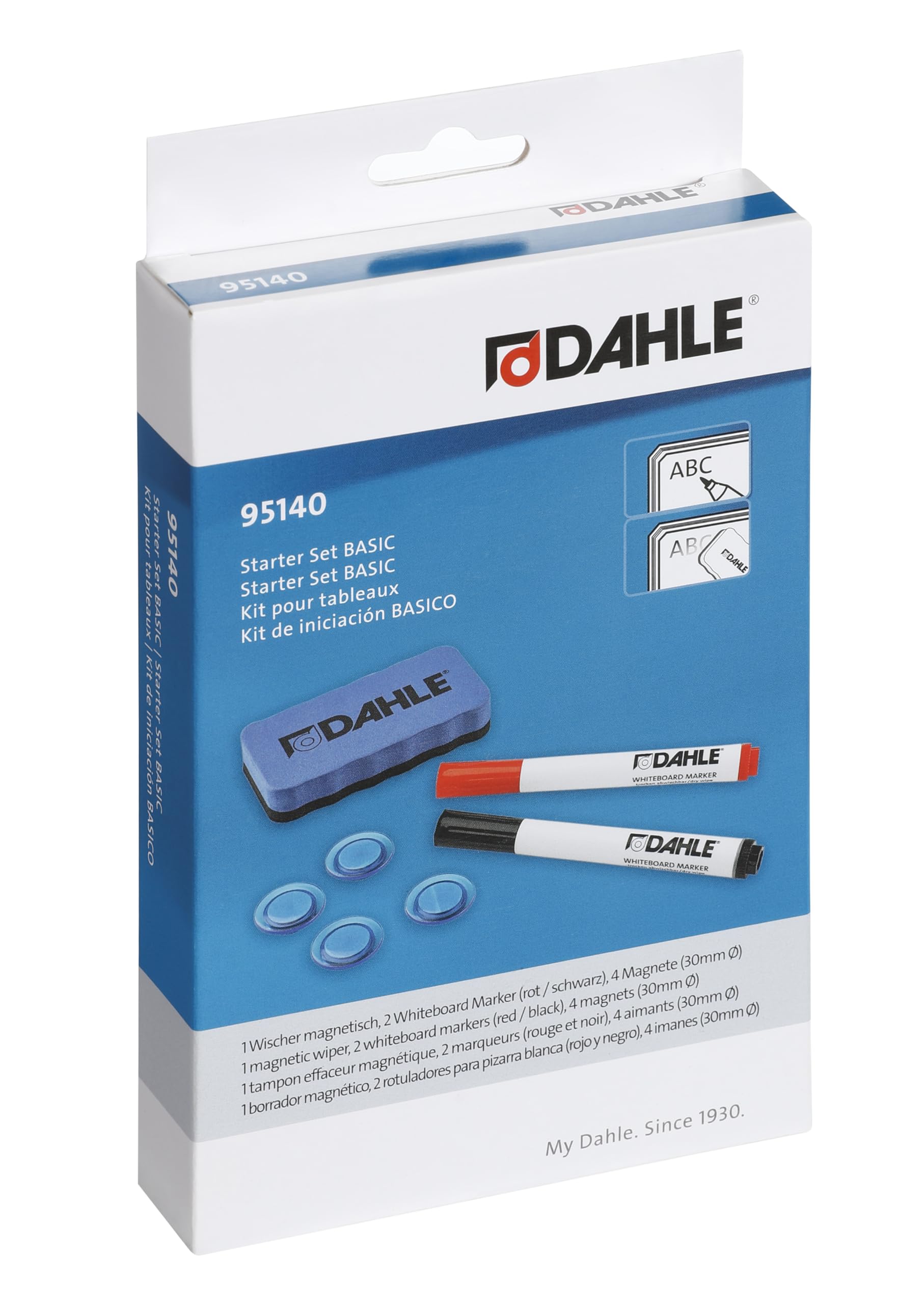 Dahle Set di base per lavagna bianca 2 pennarelli 4 magneti 1 tergicristallo magnetico