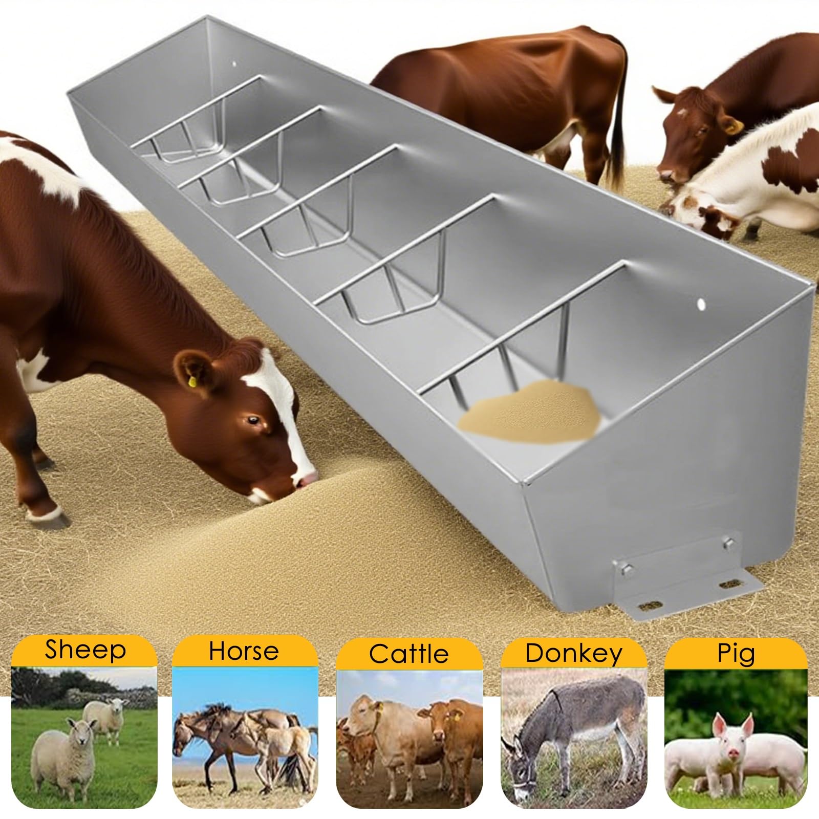 Mangiatoia in Acciaio Inox per bovini - Mangiatoia Lunga 180 cm per maiali, capre, Cavalli e Altri Animali da Allevamento - Mangiatoia Resistente da Appendere o da Terra con 6 Scomparti per