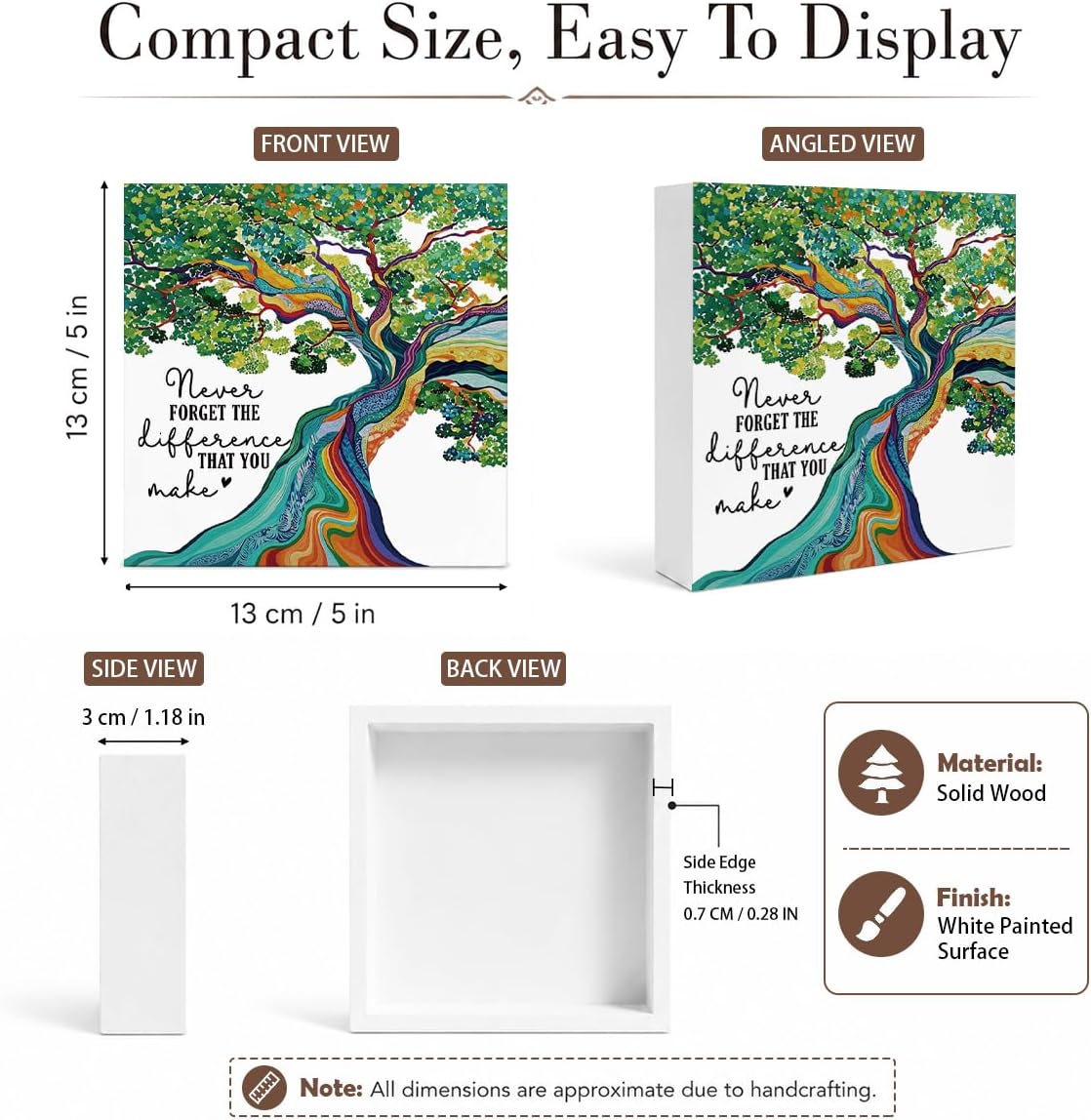 Office Decorative Sign, Never Forget The Difference You Make Colorful Tree Wood Sign, Inspirational Office Desk Decor for Home Shelf, Housewarming Gift Holiday Gift, 5.9 x 5.9 in image 5