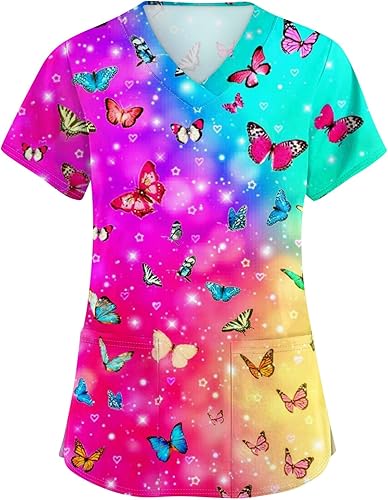 OIOLOYJM Camiseta médica estampada para mujer, cuello en V, manga corta, talla grande, uniformes de enfermería, camisas con bolsillos