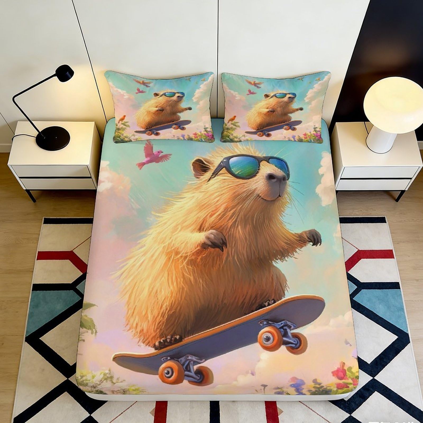 3D Printed Cool Skateboarding Capybara Fitted Sheet Microfiber Soft Breathable Animal Design Bed Cover for Bedroom Dormitory Guest Room Mattress Protection 140x200x25cm