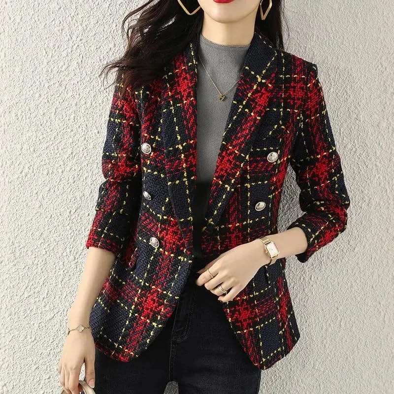 Blazer Small Women Plaid Short Suit Jacket Slim V-Neck Double Female2