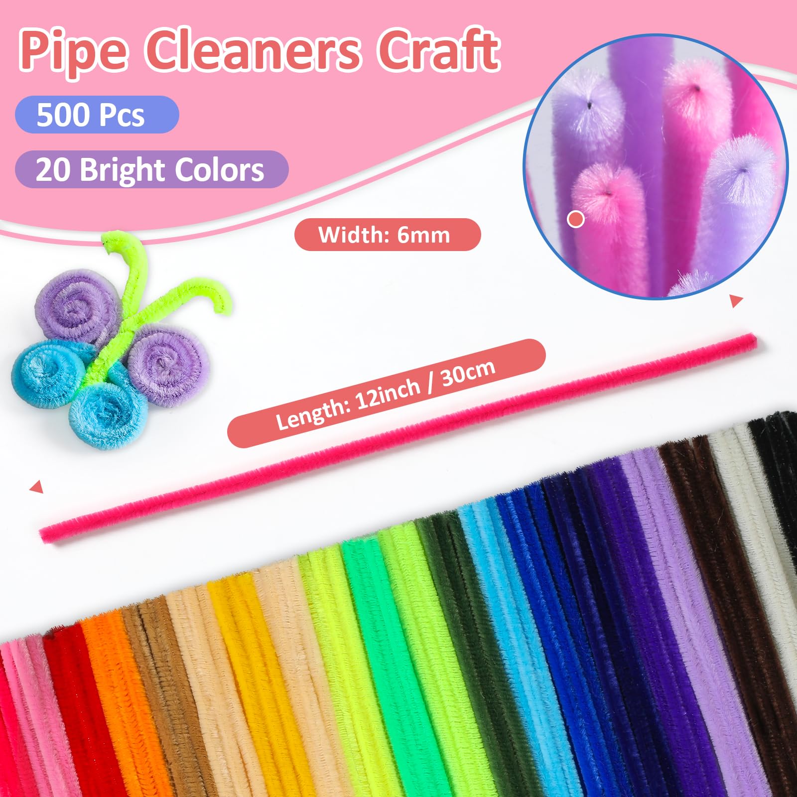 POIKSHARK 500 PCS 20 Colors Thick Pipe Cleaners Craft, Multi-Colored Chenille Stems for Craft Supplies & Materials, Fuzzy Pipe Cleaners Bulk for DIY Arts Projects, Rainbow Pipe Cleaners(12inch*6mm)