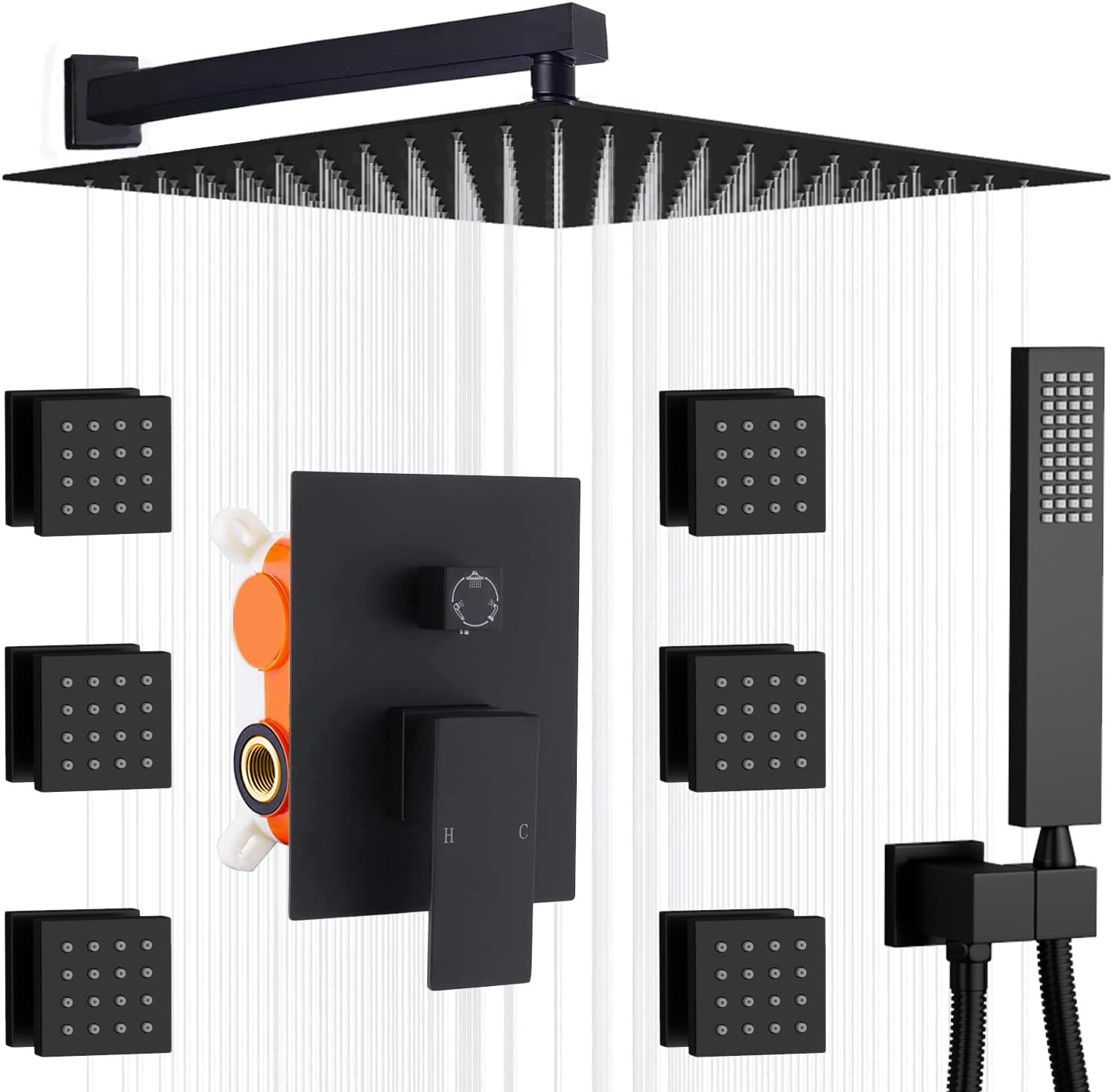 AYIVG Bathroom Square 12 Inch Ceiling Rainfall Shower Faucet System with 6 PCS Body Jets Mixer Set (Wall Mount, Black)