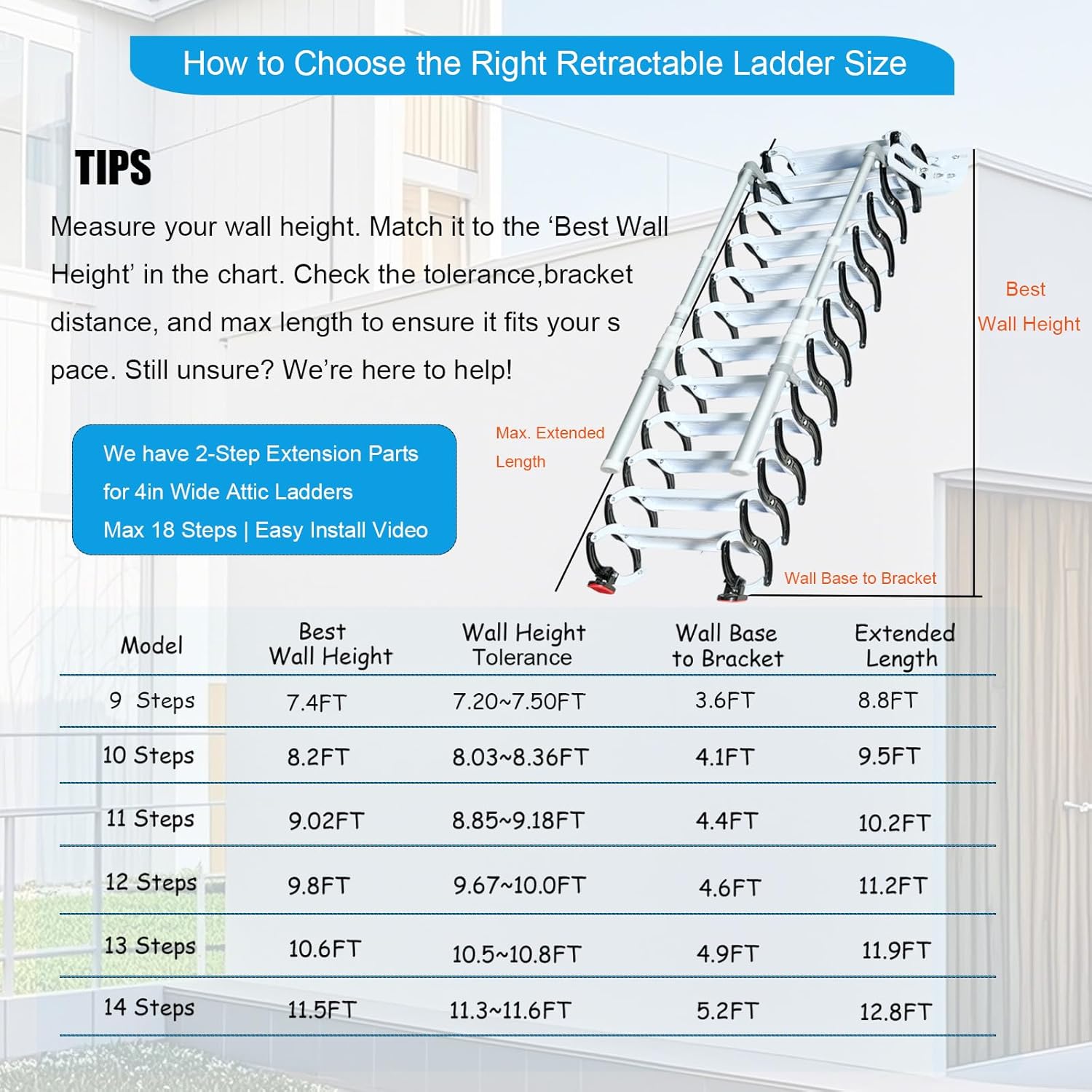 10 Steps Retractable Loft Foldable Ladde, Extra Wider 4in Wall Mounted Folding Ladder Pull Down System with 2 Handrails, Wall 27x6.5in Size, 660lb Capacit,8.03-8.36ft Vertical Height (10 Steps)