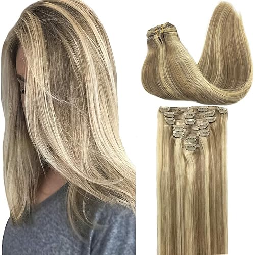 GOO GOO Clip in Hair Extensions Light Blonde Highlighted Golden Blonde 14 inch 7pcs 120g Remy Clip in Human Hair Extensions Thick Straight Real Hair Extensions