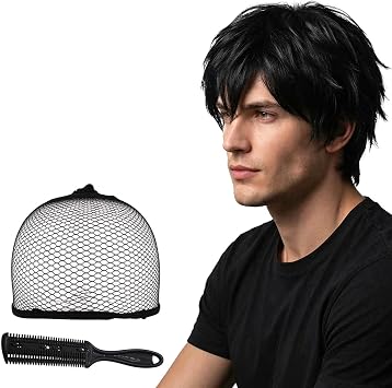 Black Short Anime Cosplay Wig For Men Women, 12 Inch Layered Fluffy Straight Wig With Side Bangs, Includes Wig Cap For Party Daily Use