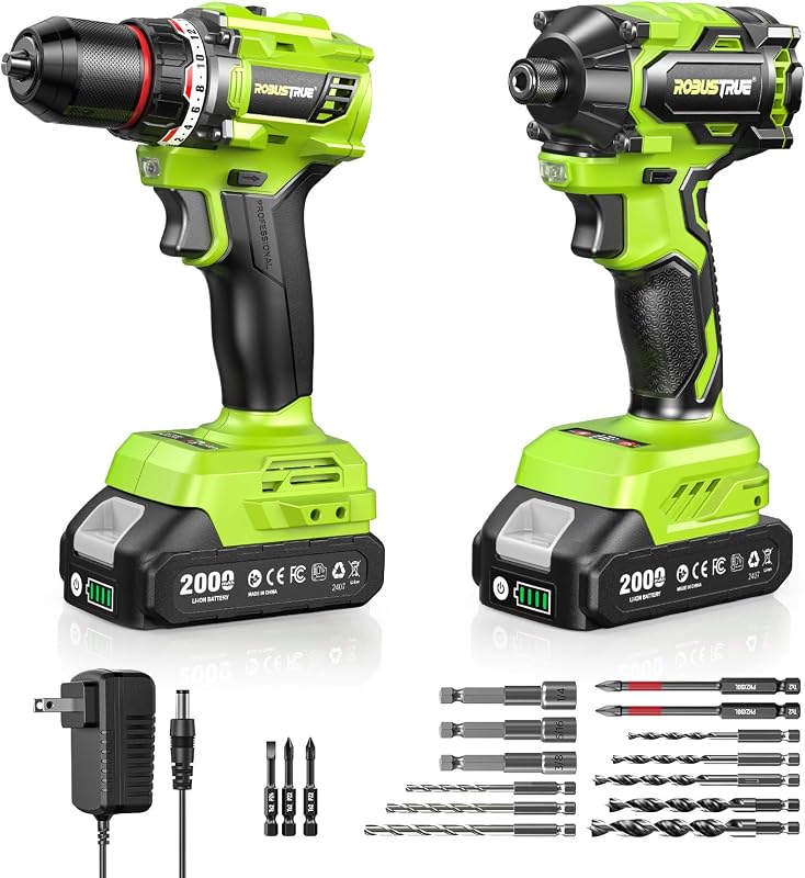 Robustrue 21V Brushless Drill & Impact Driver Combo Kit for DIY | 3/8" & 1/4" keyless chucks, 230 Nm torque, 2×2000mAh batteries & fast charger, 16-pc bits, LED light for home, wood & auto