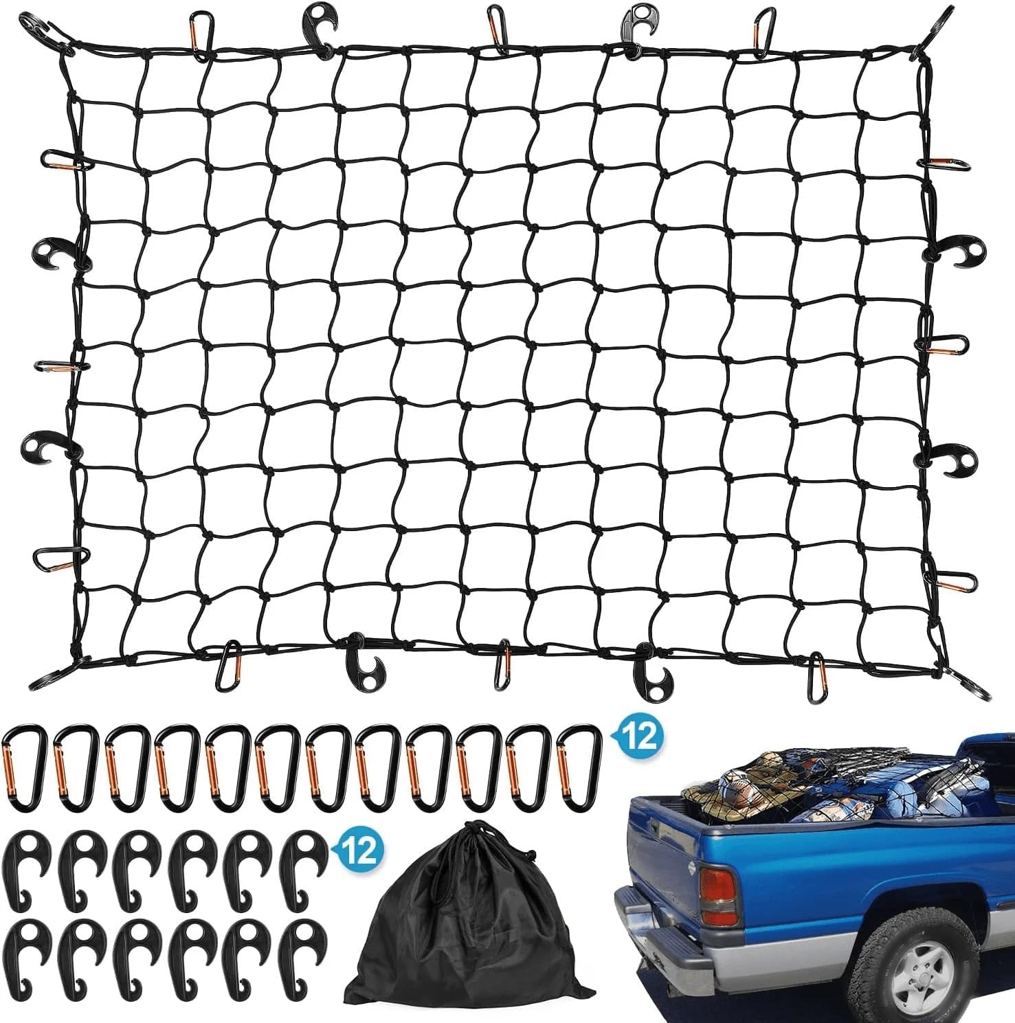 Heavy Duty Truck Bed Net 4ft x 6ft, Expands to 8ft x 12ft, Super Strong 5mm Elastic Cargo Net with 16 D-Rings & 10 Hooks, Universal for Pickup Trailer Roof Rack SUV ATV, Includes Storage Bag