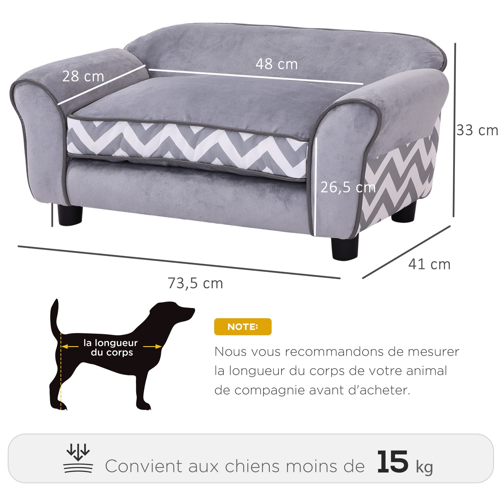 PawHut Canapé Chien Chat sur Pied Style Graphique Contemporain Coussin Amovible Lavable Grand Confort 74L x 41l x 33H cm Gris Blanc