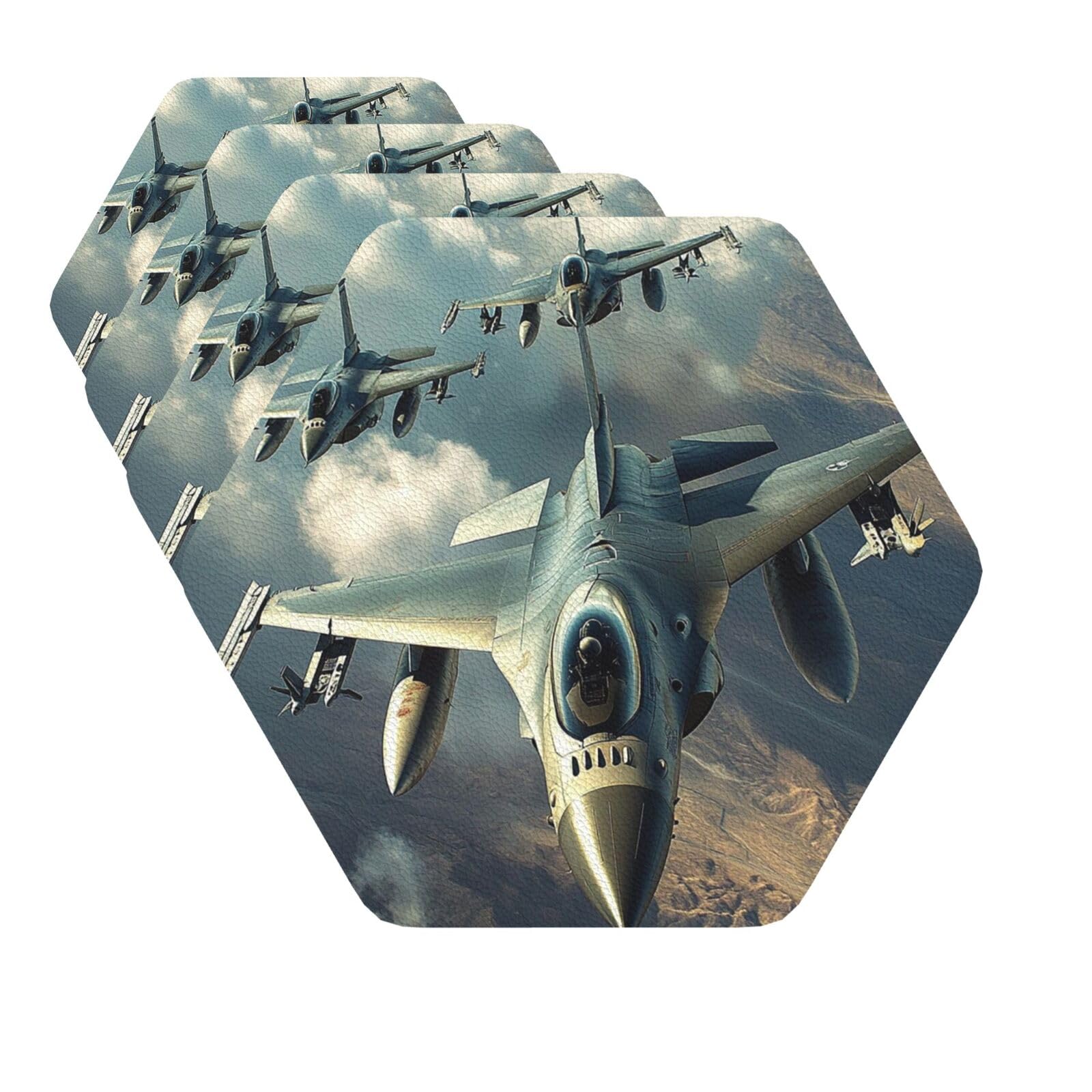 Drink Coasters Set of 4 Quick-Dry Leather Coaster Aircraft Fighter Jets Coasters for Drinks Coffee Cup Mat Tabletop Protection Heat Resistant Coaster for Kitchen Bar Office Home Decor