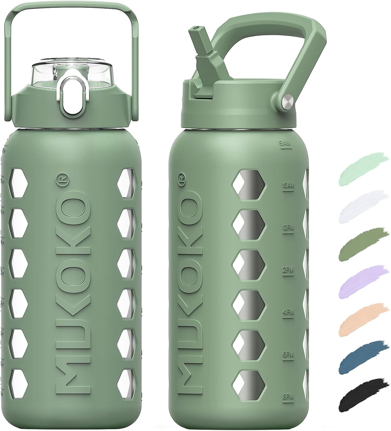MUKOKO Glass Water Bottles 64oz with 2 Lids, Half Gallon Water Bottle with Straws and Measurements, 2L Sports Water Jug with Silicone Sleeve, Leakproof, Olive (64 Ounces Olive) Thumbnail