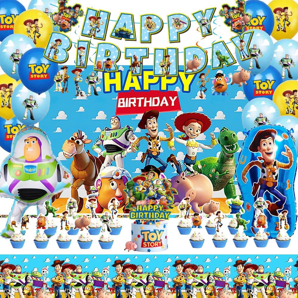 Toy Theme Birthday Party Decorations Supplies, Including Happy Birthday Banner, Tablecloth, Ballons, Backdrop, Hanging Swirls, Cake Toppers for Cartoon Party
