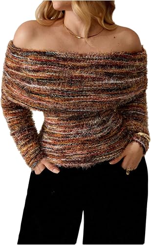 Verdusa Women's Plus Size Fuzzy Striped Off The Shoulder Sweater Foldover Knit P