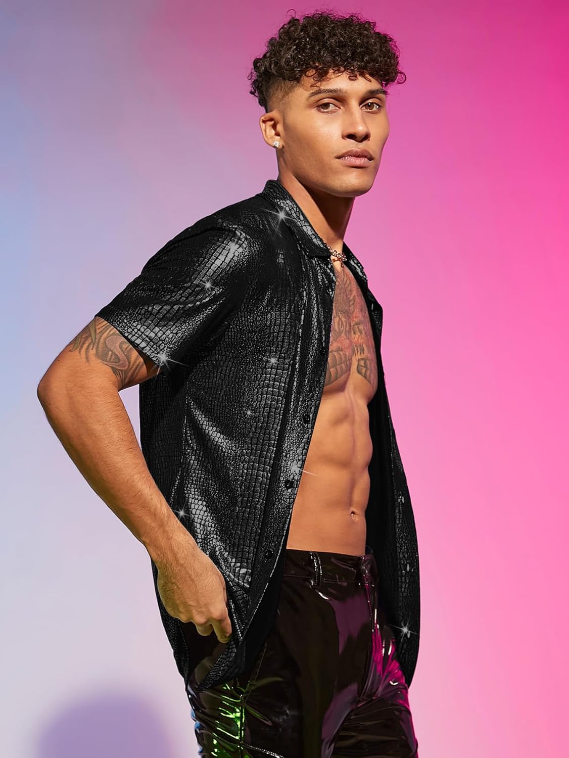 WDIRARA Men's 70s Sparkly Disco Top Crocodile Pattern Metallic Rave Button Down Shirt Short Sleeve Party T Shirt - Image 3