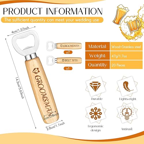 Miniatura 9 de 6 piezas de abrebotellas de boda de madera para padrinos de boda, abrebotellas de padrinos de boda, juego de 6 abridores de tapas para recuerdos de