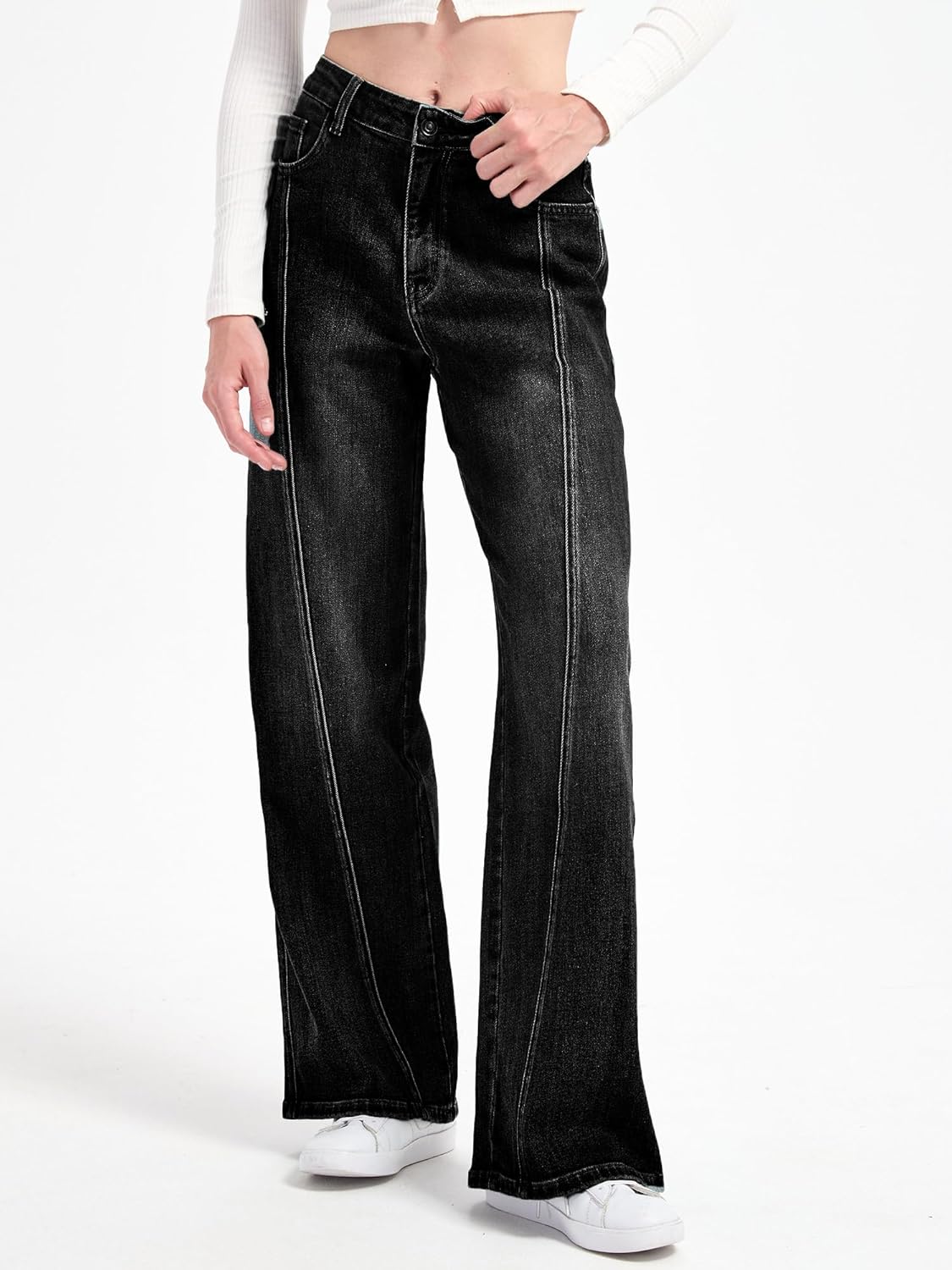 Women's Wide Leg Jeans High Waist Stretch Denim Pants Loose Fit Straight Leg Casual Trousers with Pockets